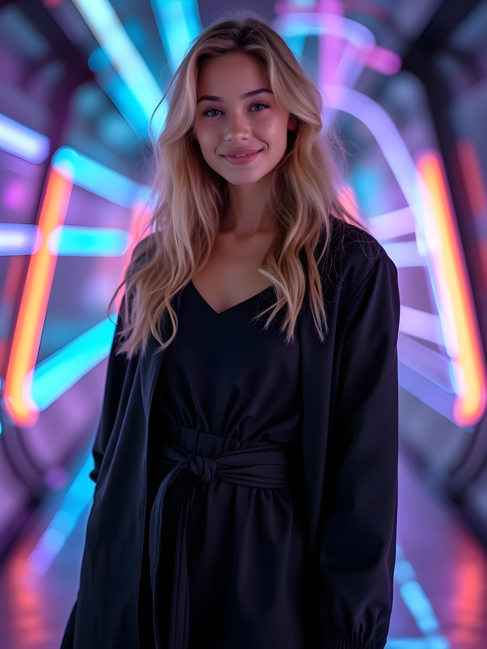 Young Woman in Black Outfit in Neon Tunnel Setting
