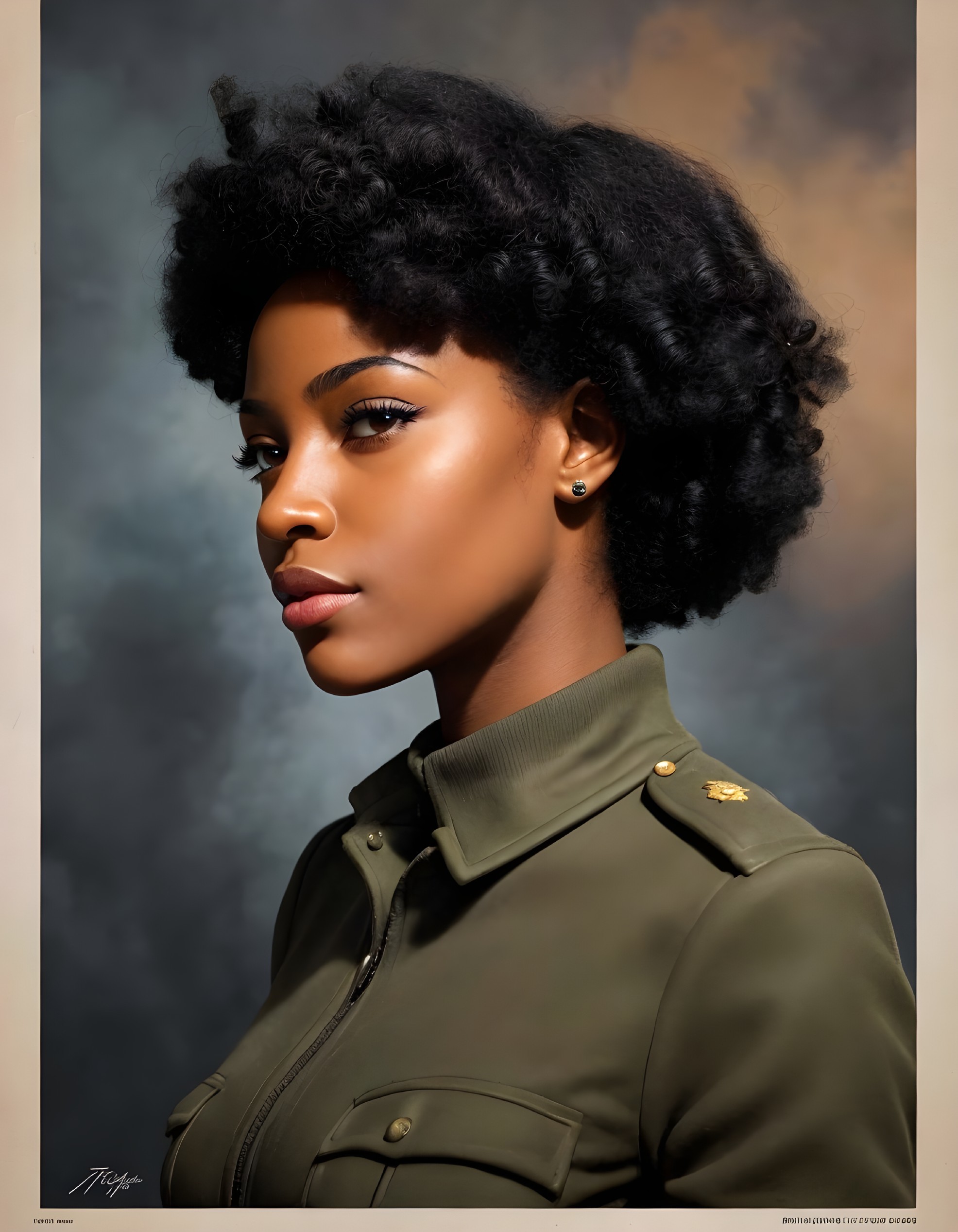 Woman in Green Military Outfit with Curly Hair