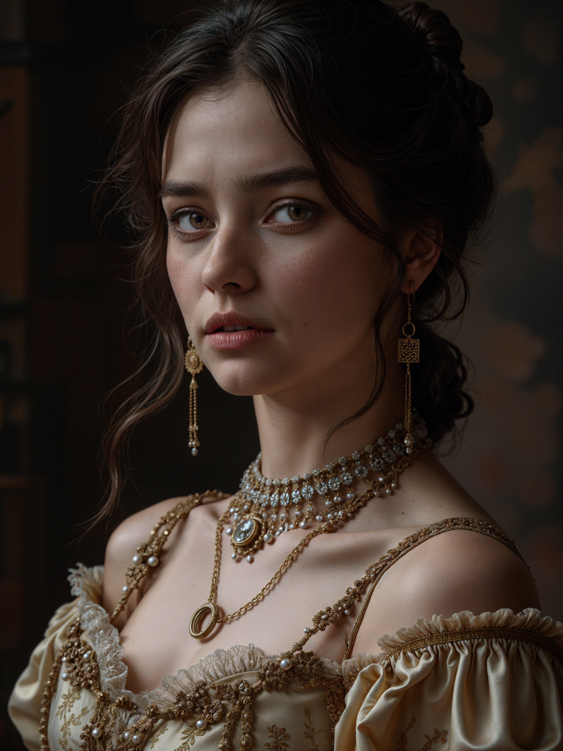 Elegant Young Woman in Lavish Period Dress and Jewelry