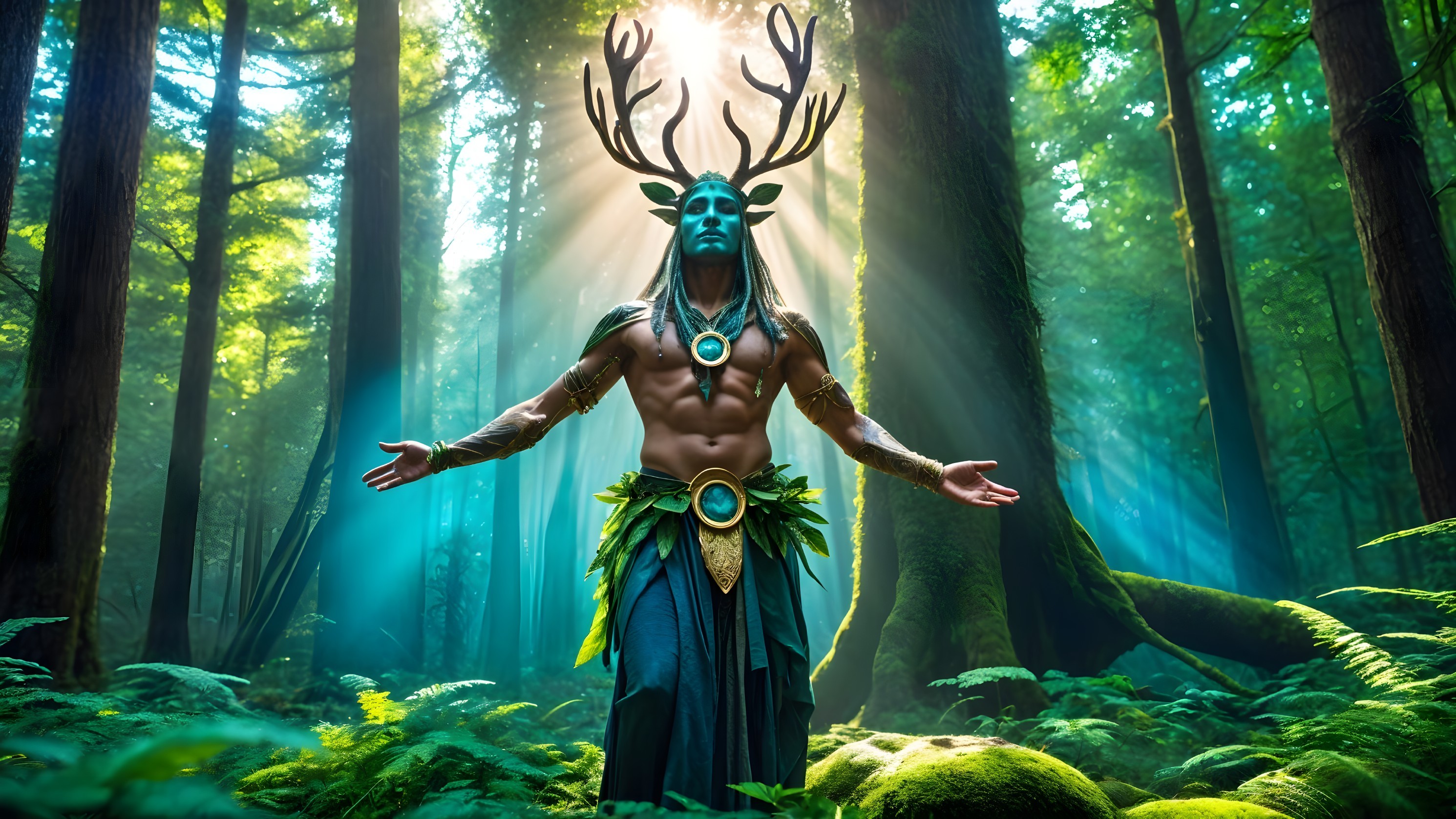 Majestic Figure in Sunlit Forest with Blue Skin