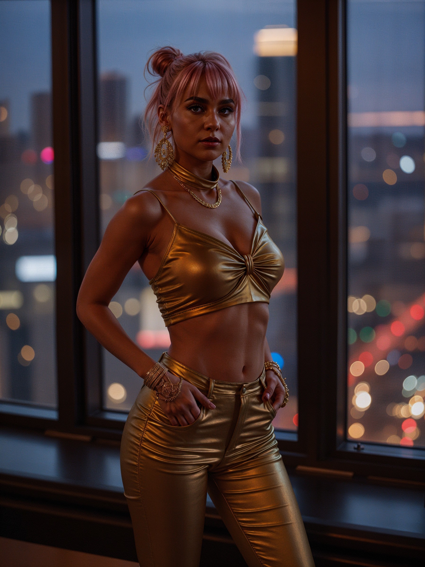 Young Woman in Gold Outfit Against City Skyline