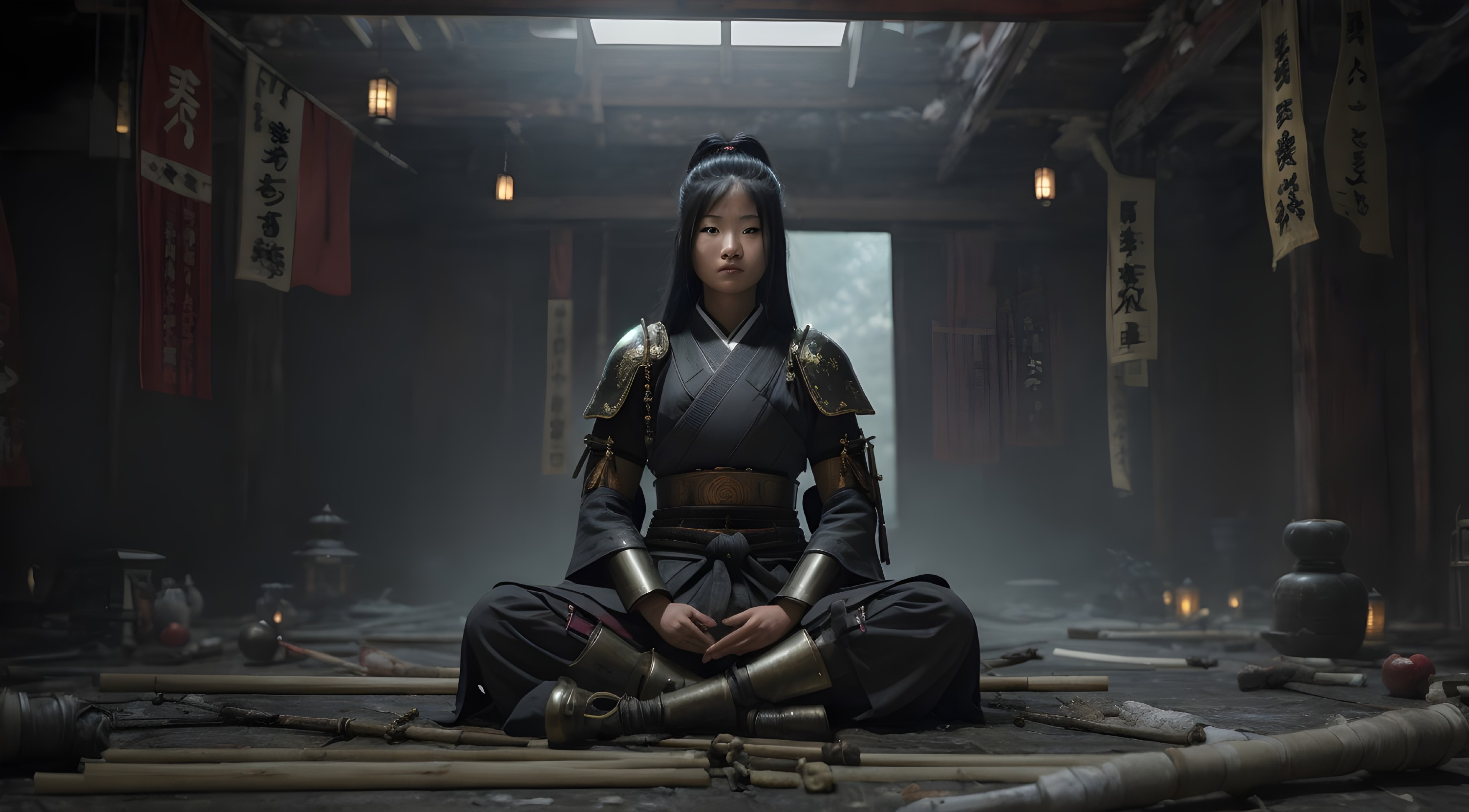 Young Woman in Traditional Armor in Dimly Lit Dojo