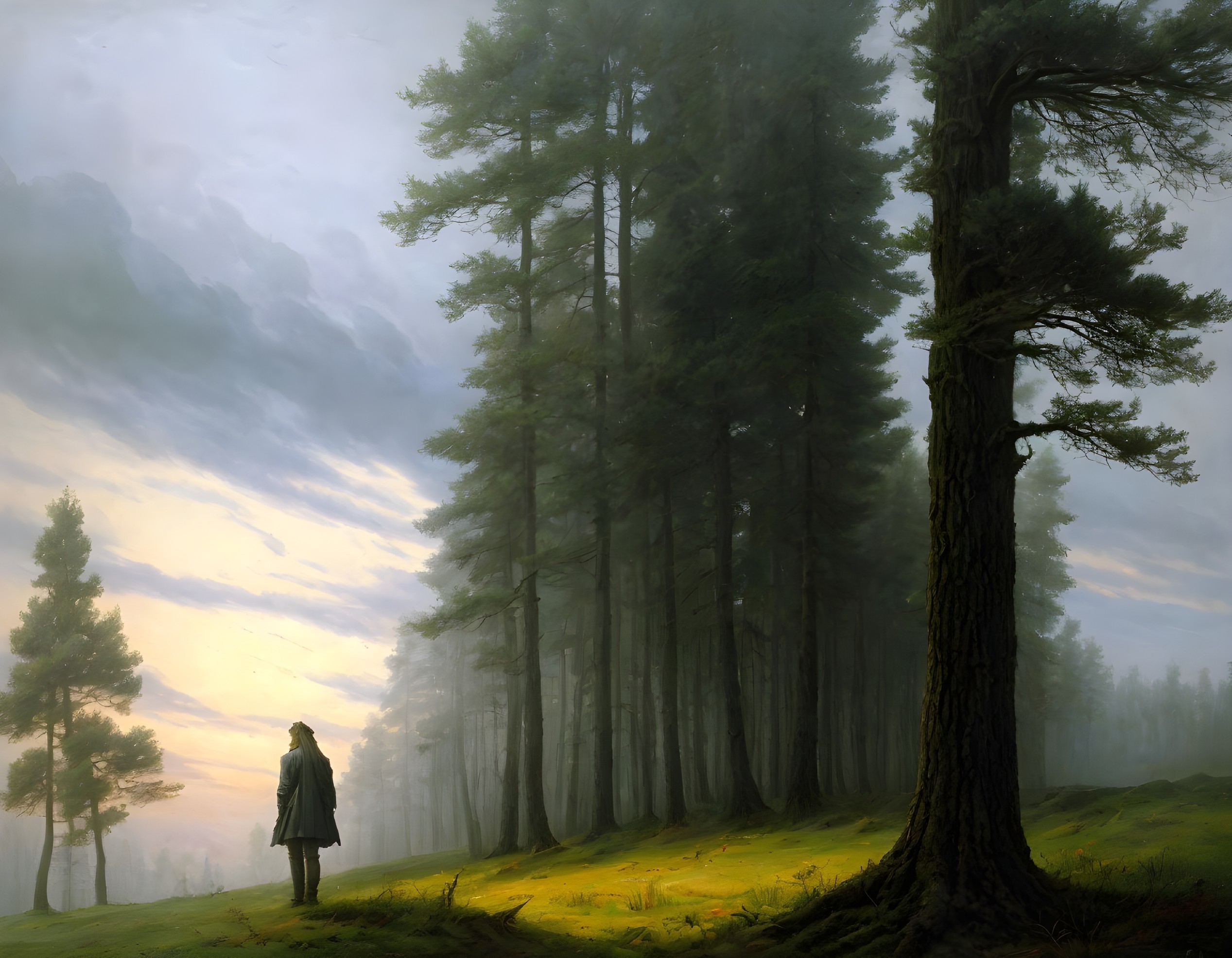 Solitary Figure in a Serene Forest at Dawn
