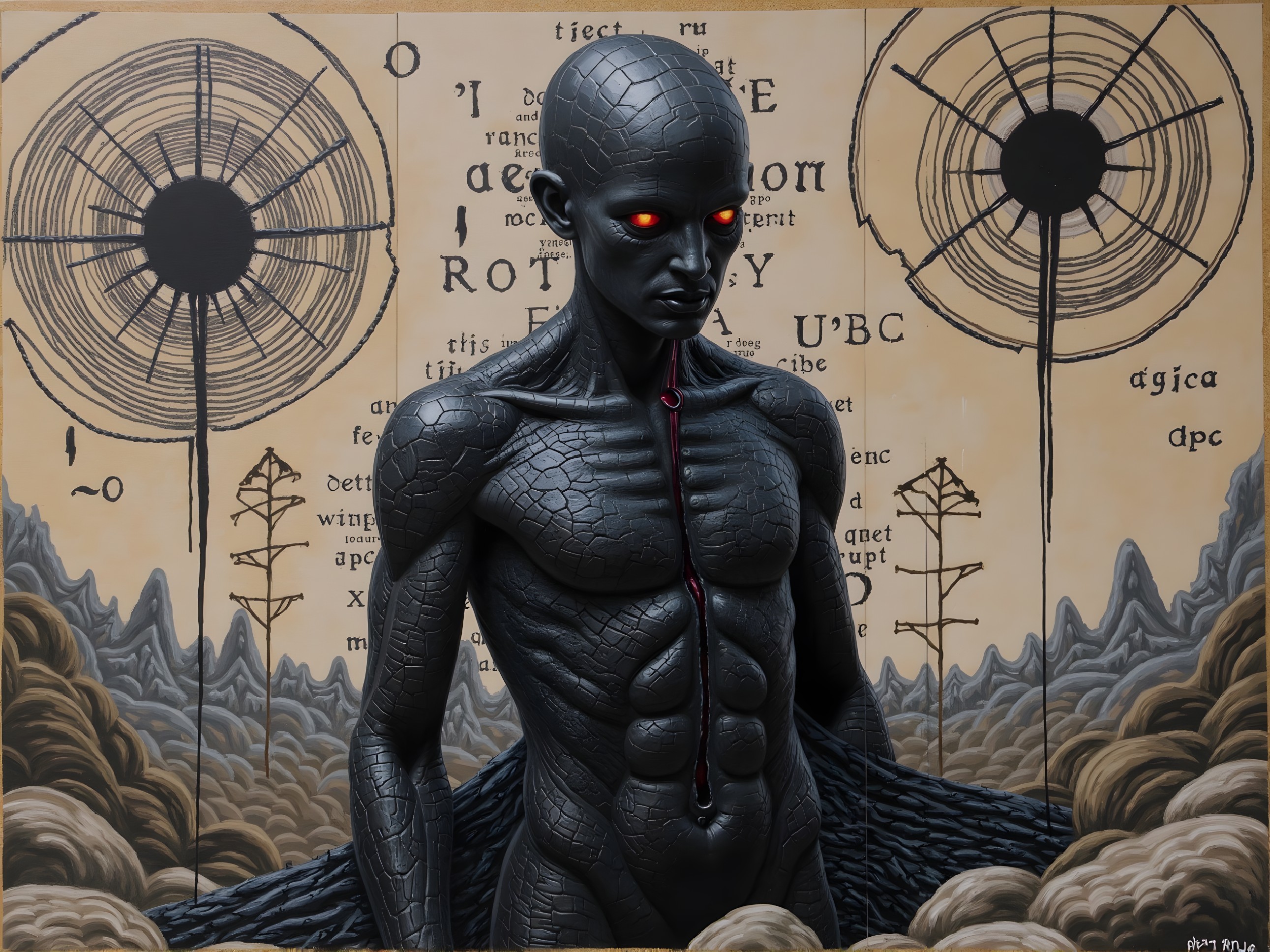 Humanoid Figure with Obsidian Skin and Red Eyes