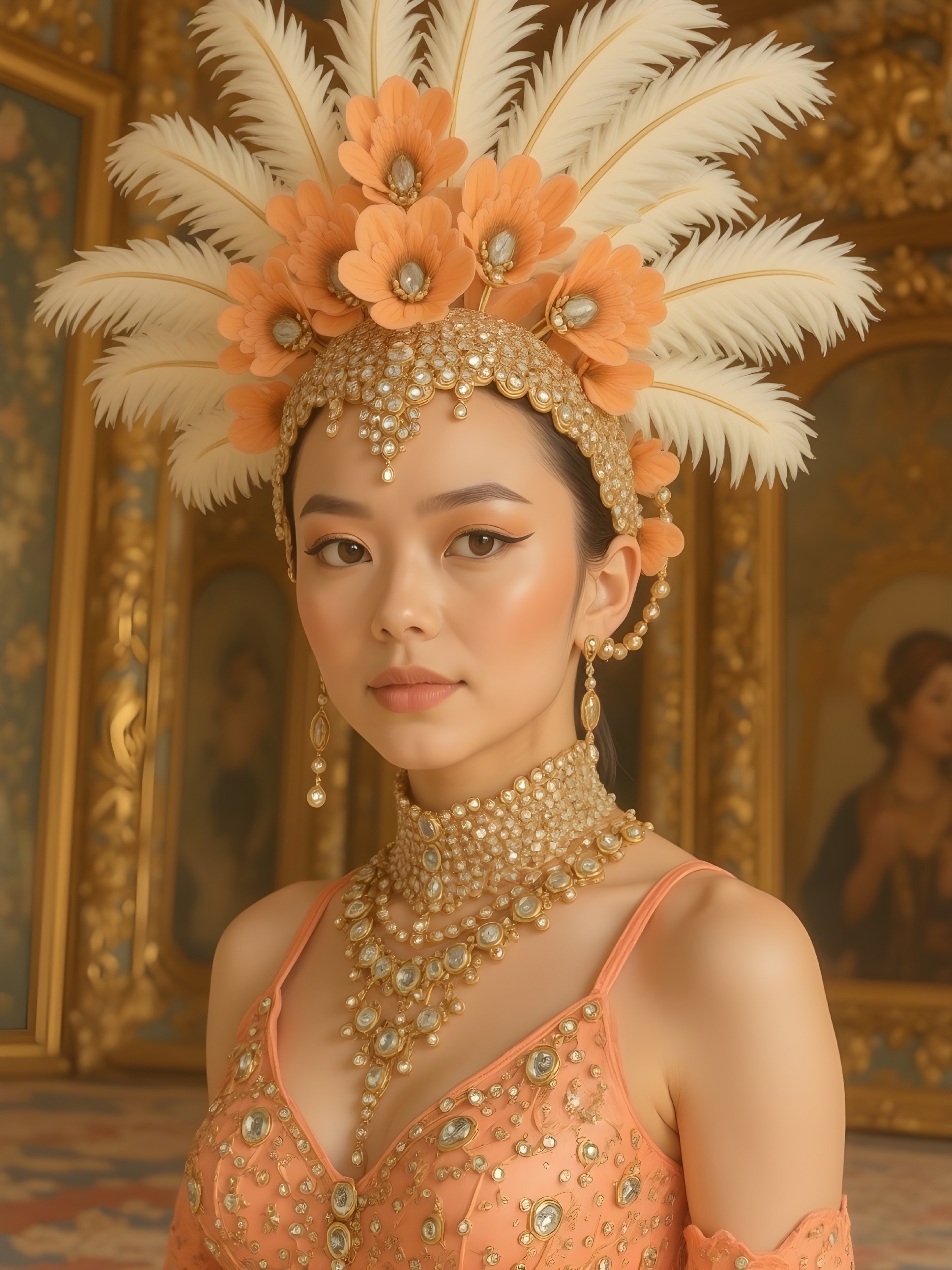 Young woman in orange attire with feathered headpiece