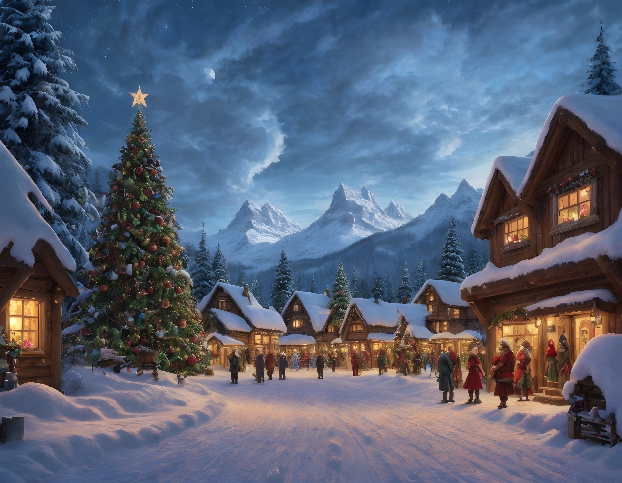 Festive snowy village with twinkling lights and large Christmas tree