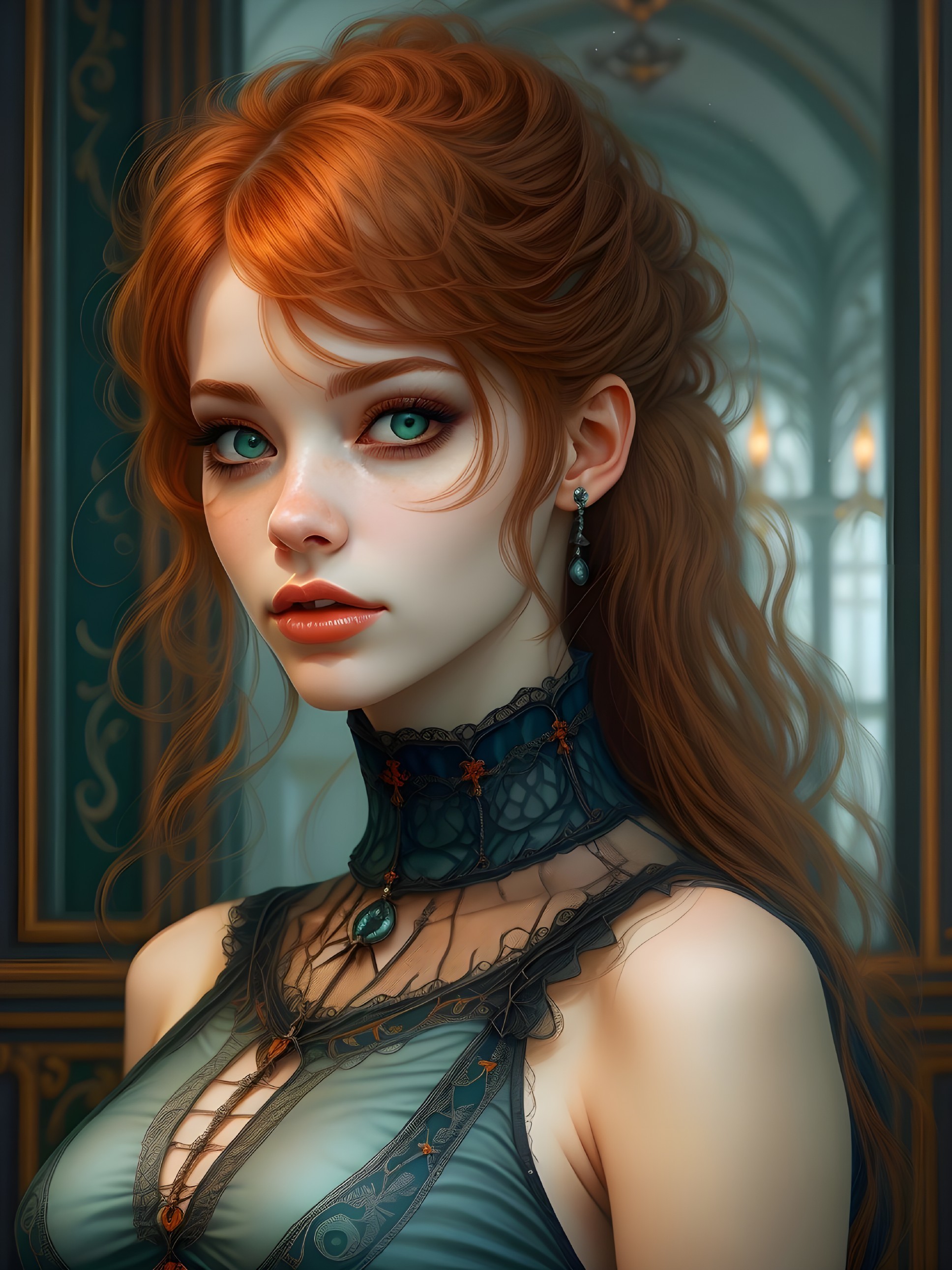 Young woman with auburn hair and green eyes in elegant setting