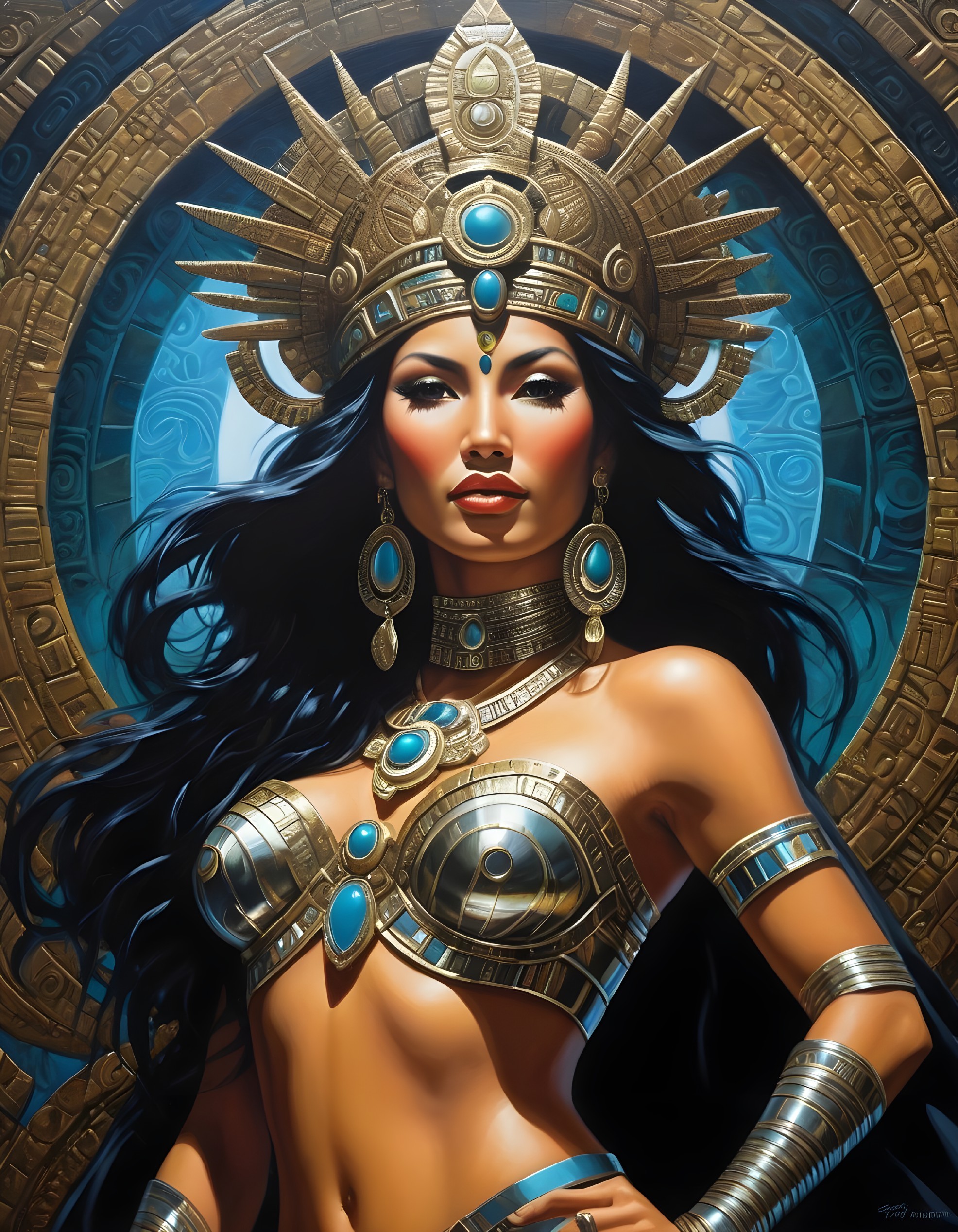 Regal Woman in Golden Armor with Turquoise Accents