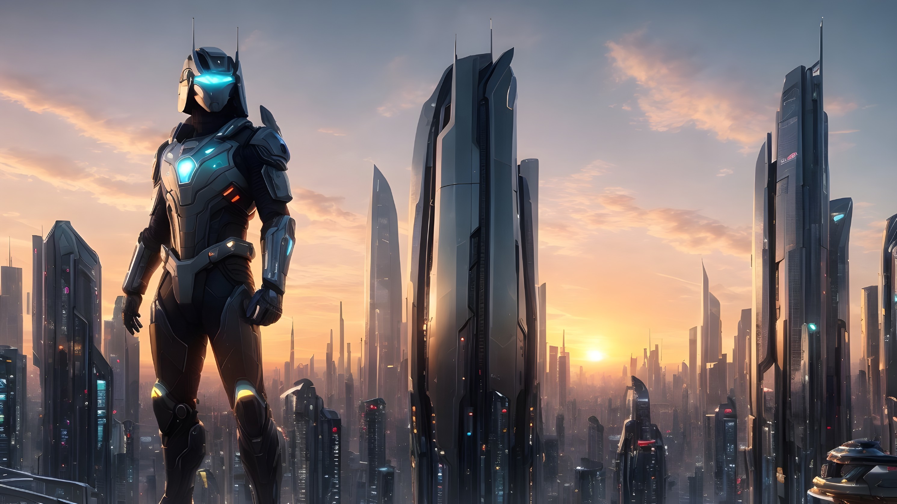 Futuristic Landscape with Robotic Figure and Skyscrapers