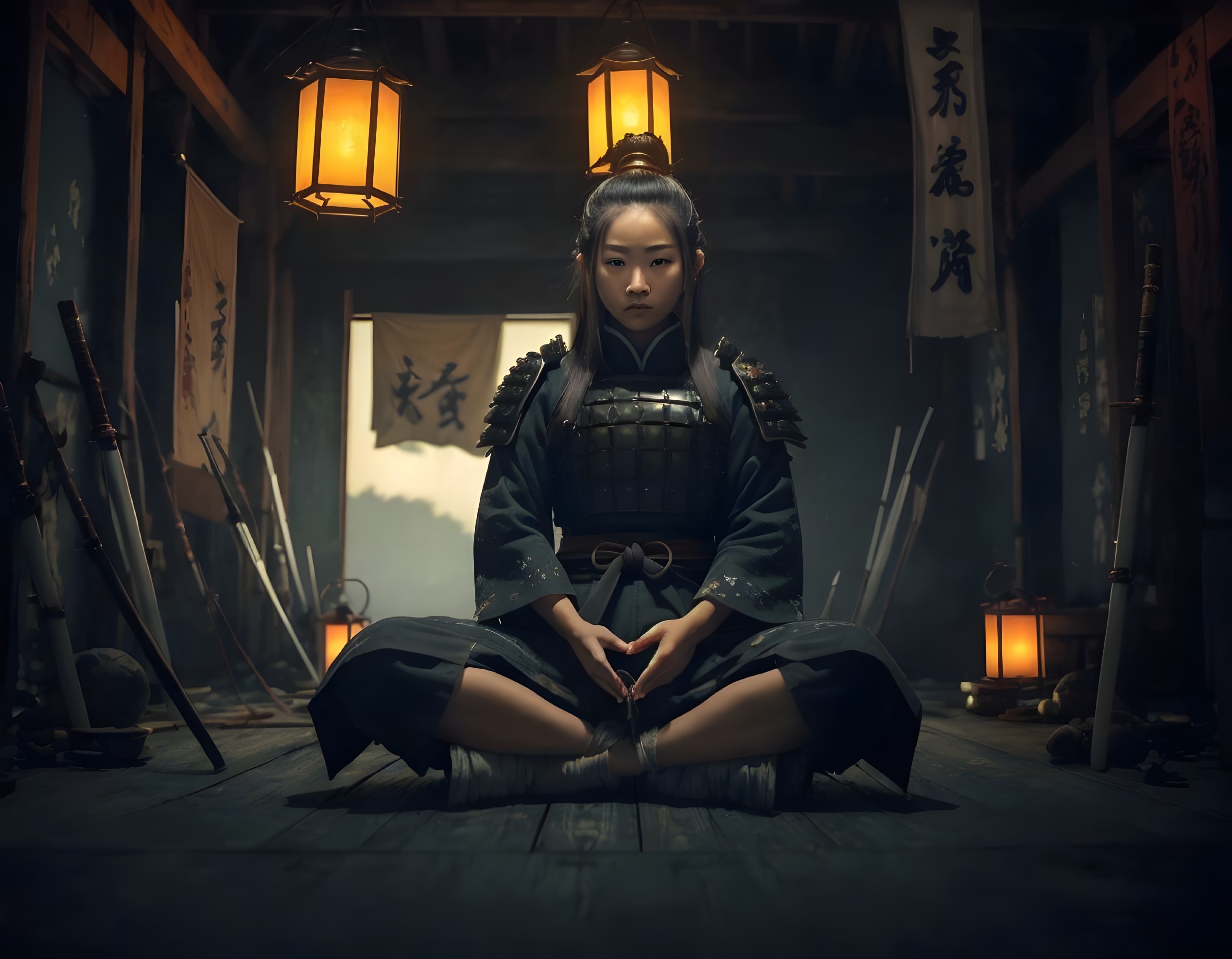 Young Female Warrior in Samurai Attire Meditating