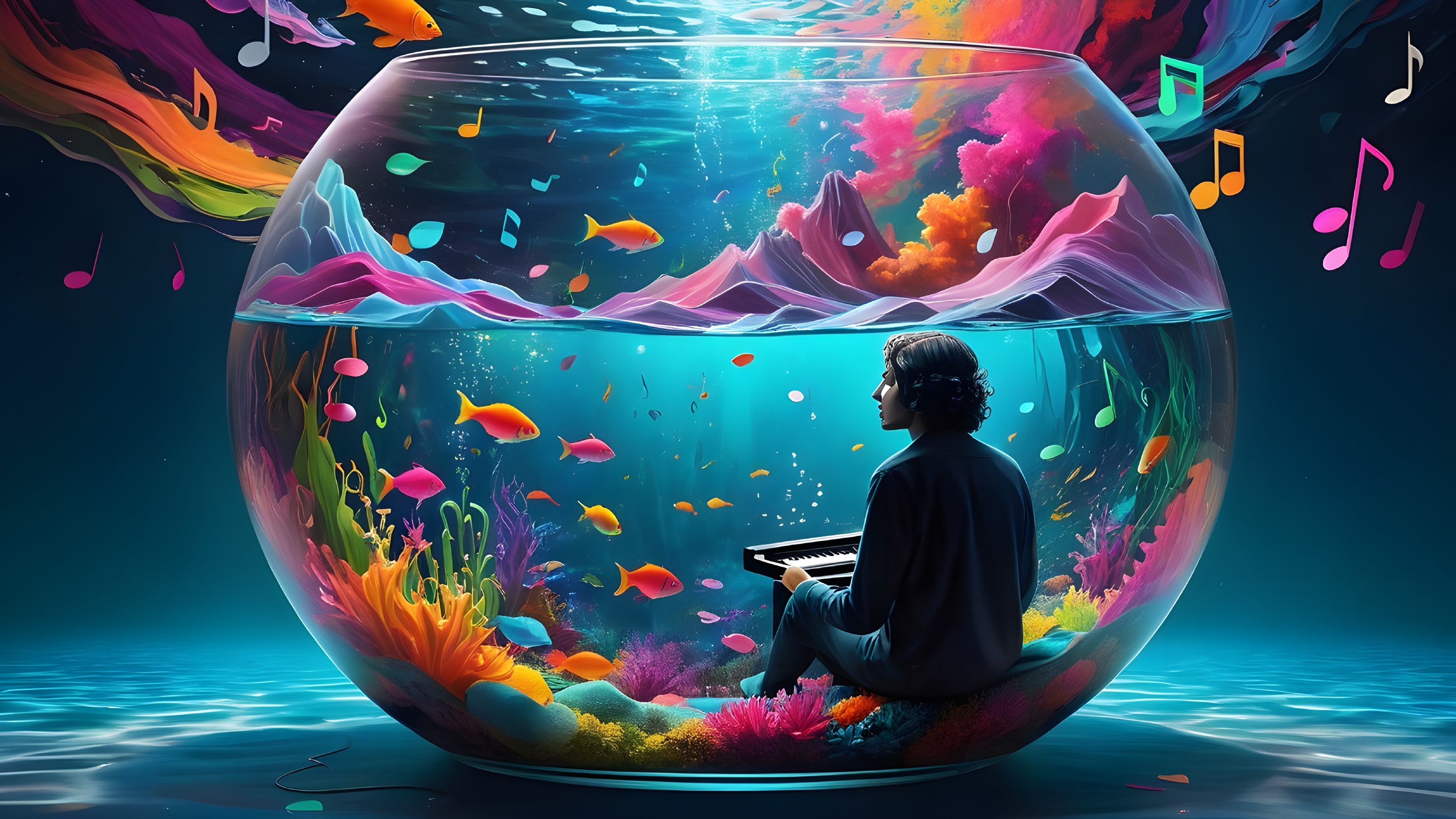 Underwater Scene with Keyboard and Colorful Fish
