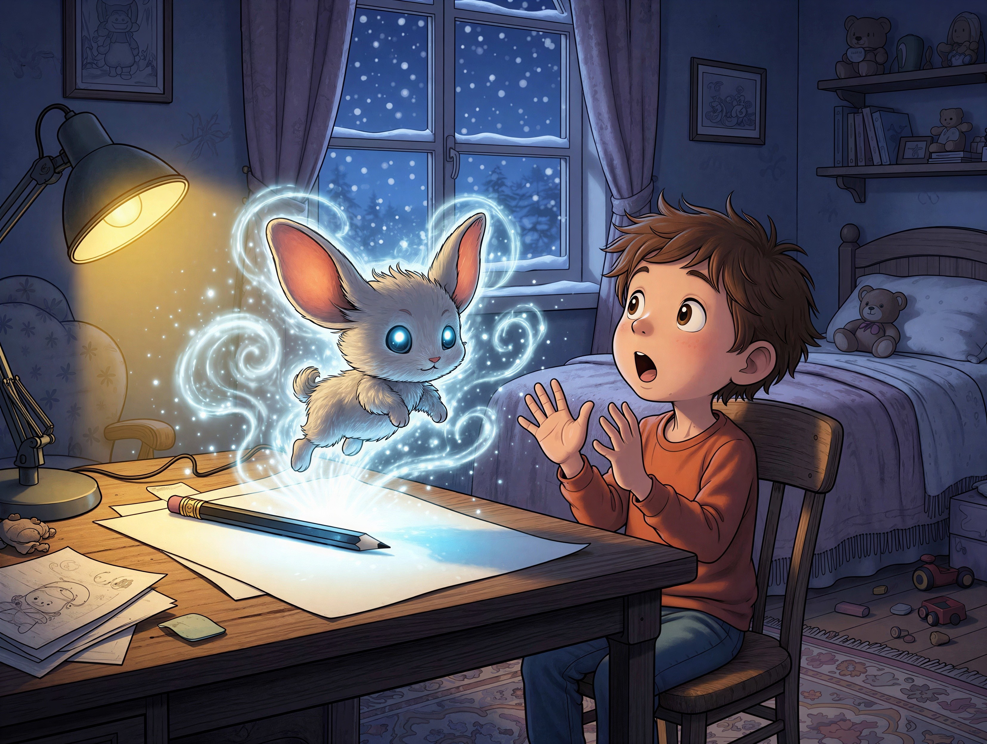 Boy in Bedroom with Magical Creature Drawing Experience