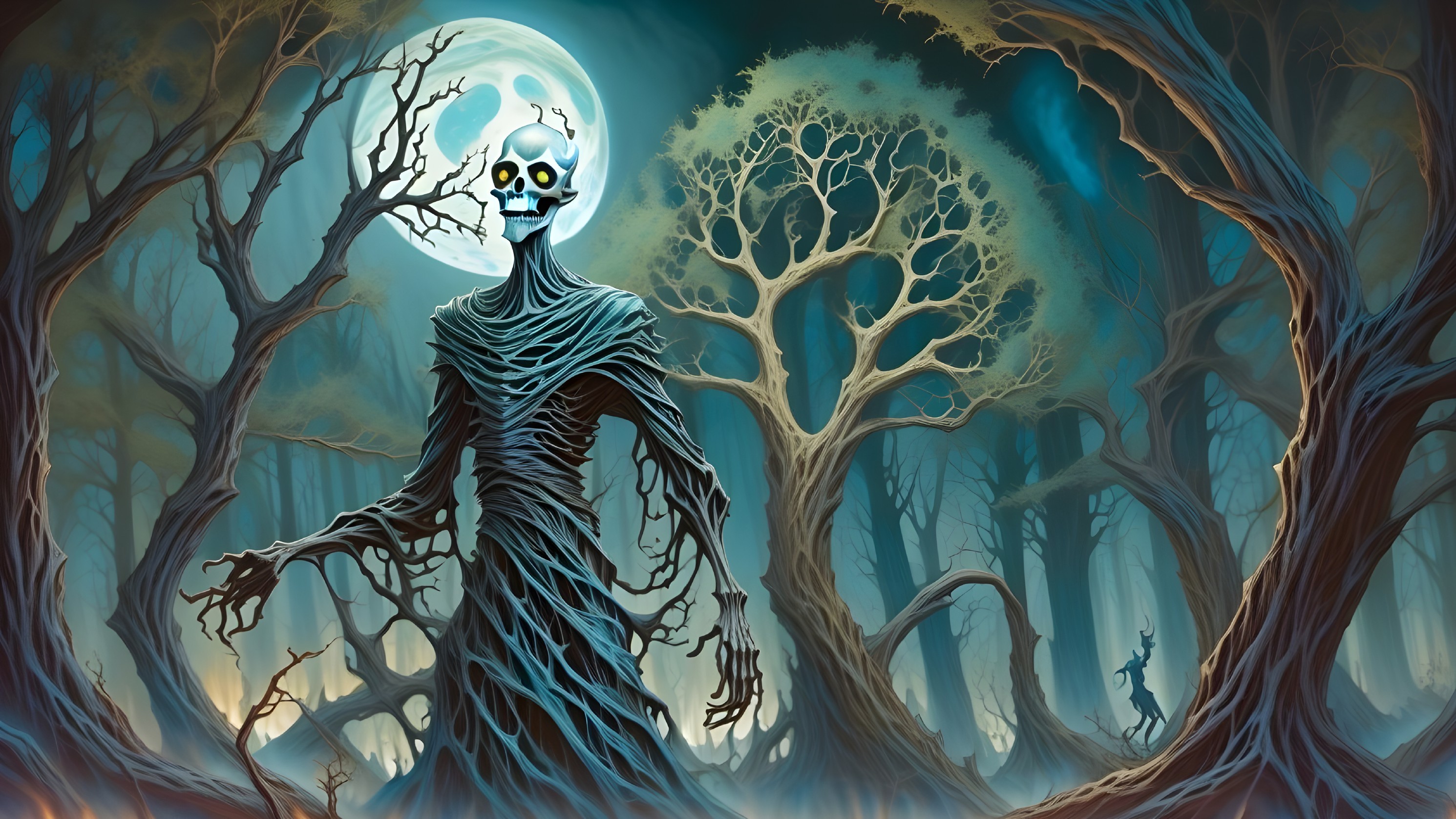 Skeletal Figure in a Moonlit Forest Landscape
