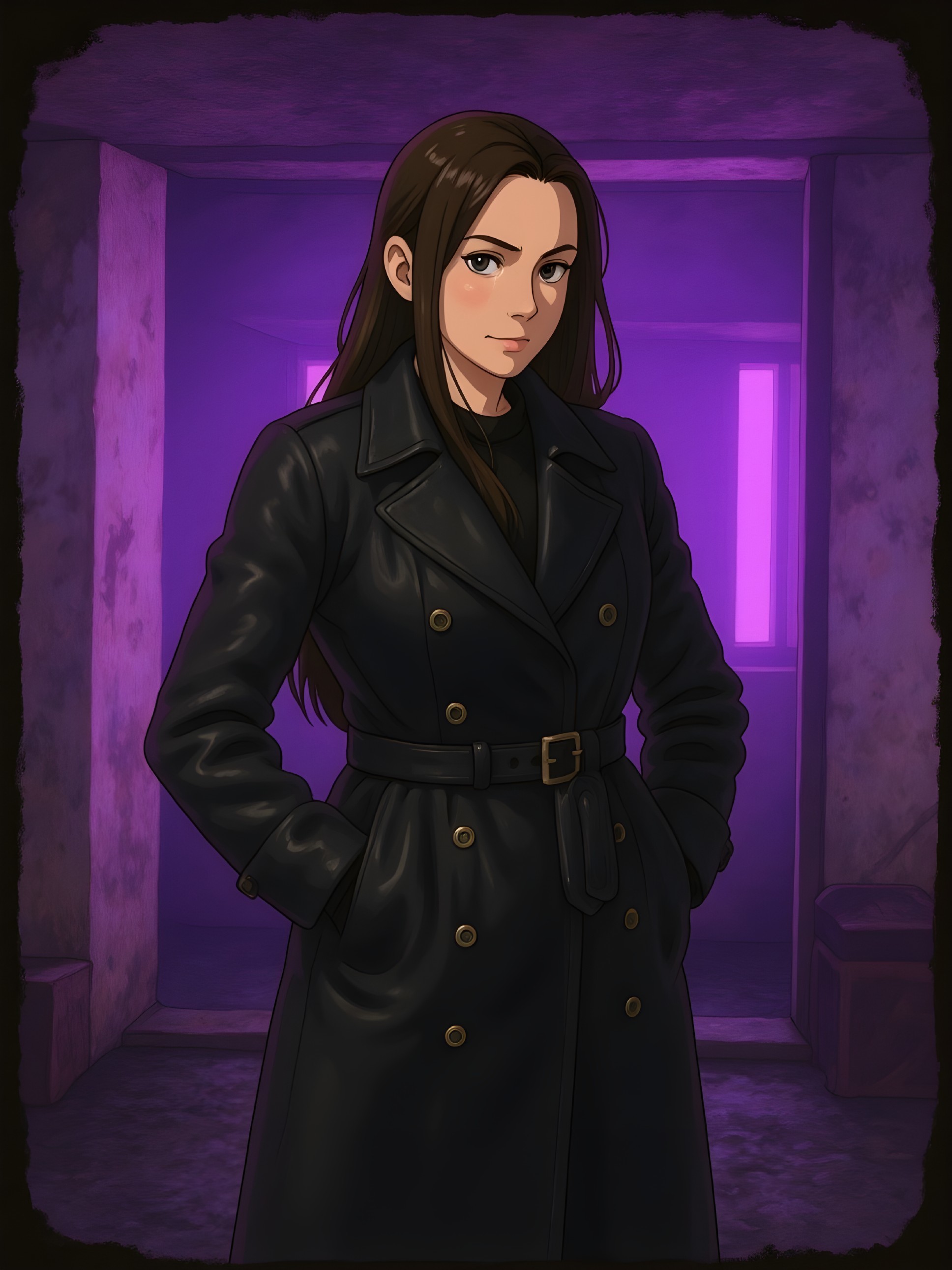 Confident Young Woman in Black Trench Coat in Dim Light