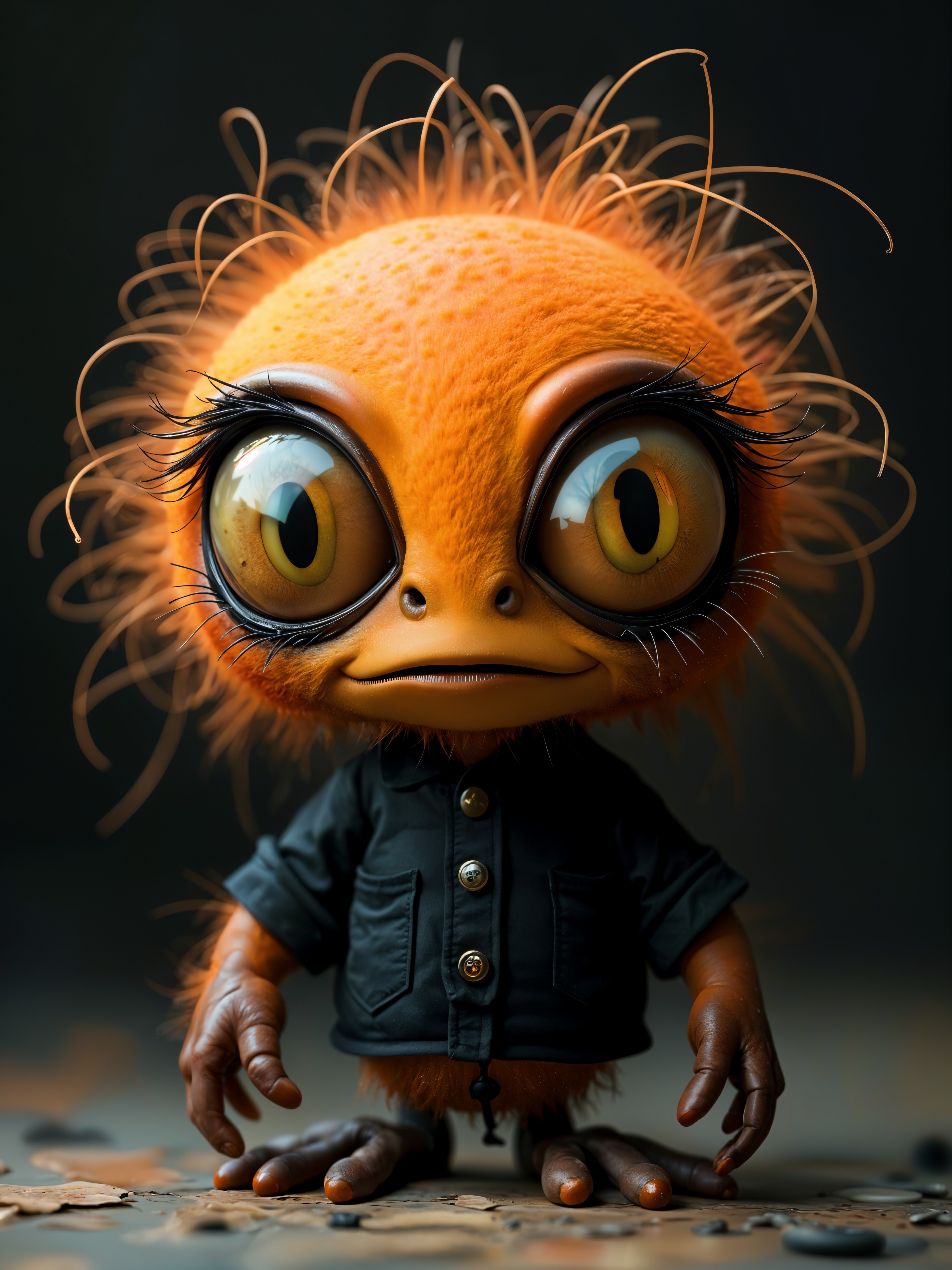 Whimsical creature with orange fur and black jacket