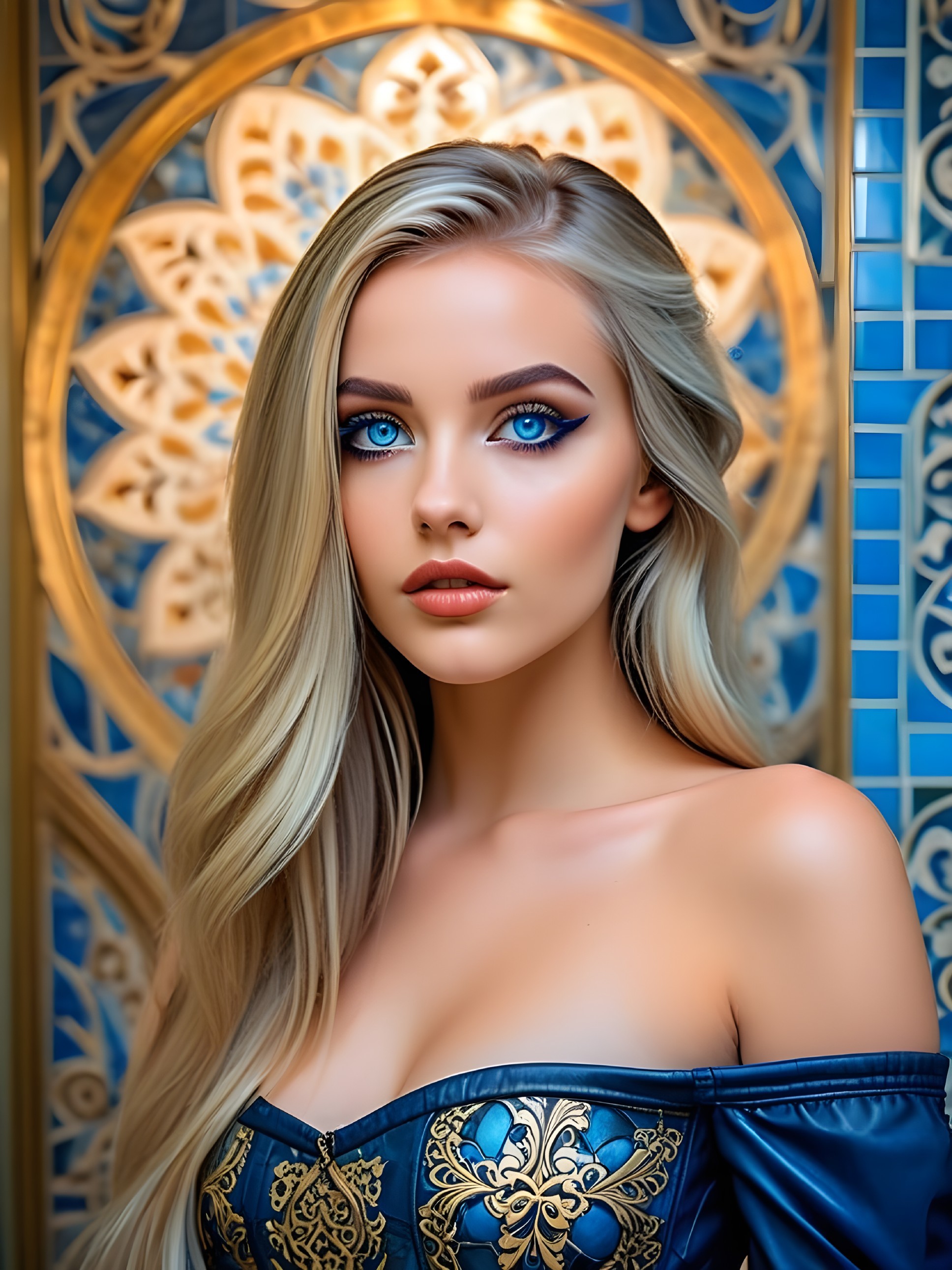 Elegant woman in blue gown with gold accents