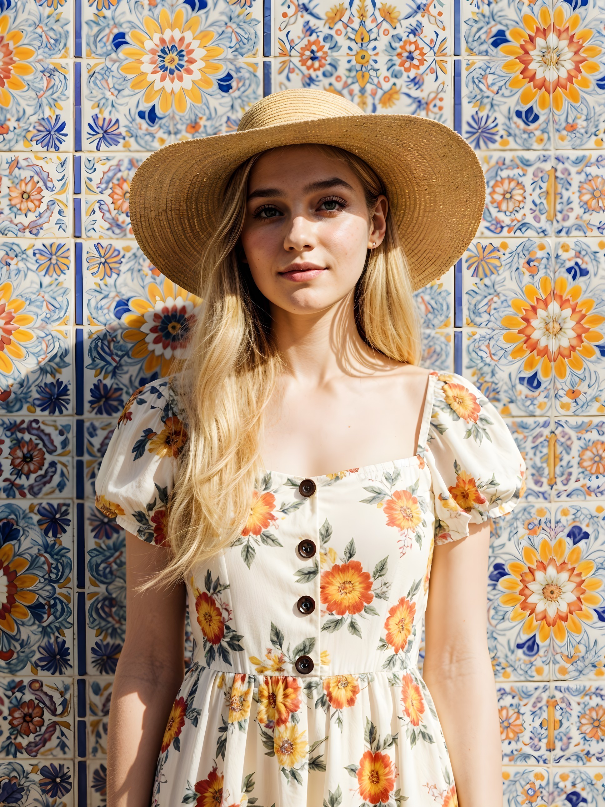 Young woman in floral dress by vibrant tiled wall