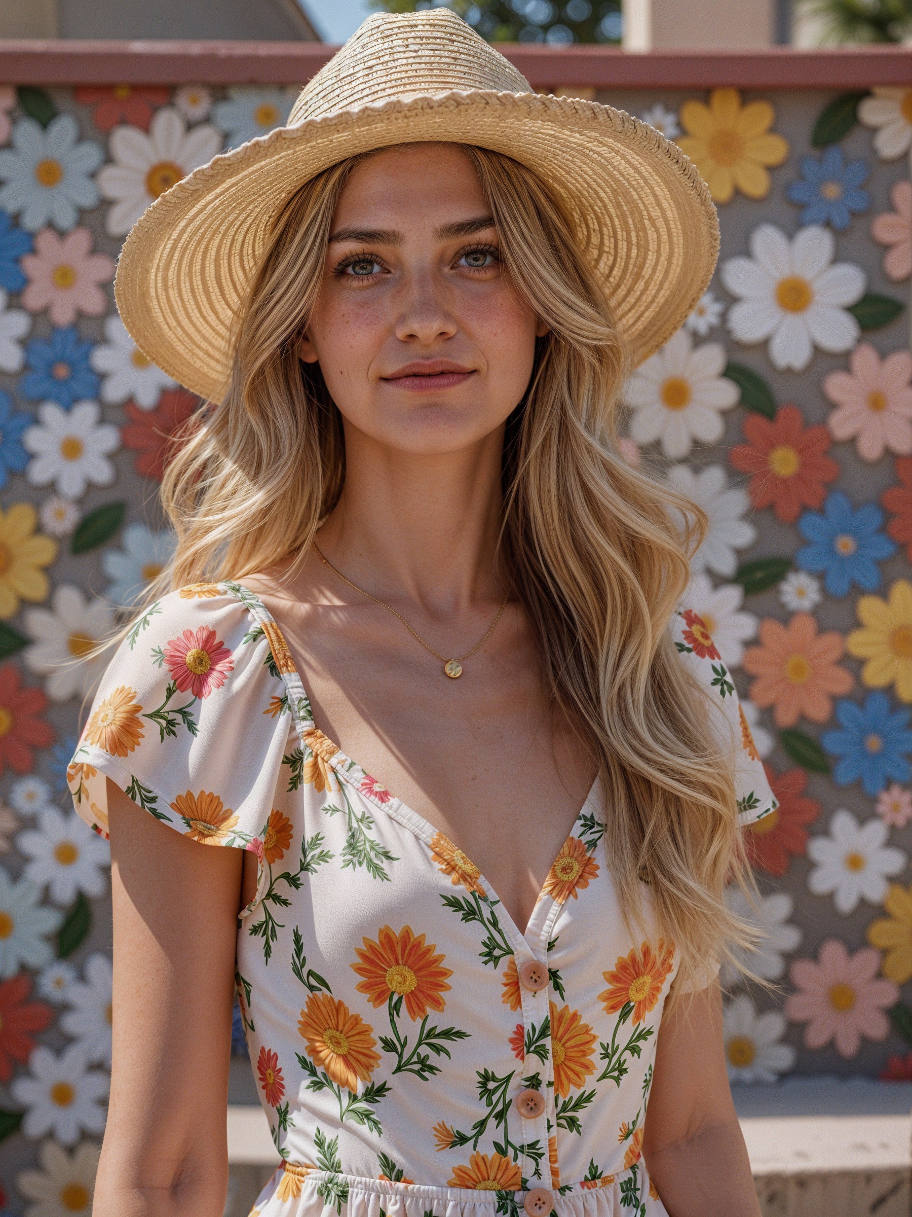 Young woman in floral dress with straw hat backdrop