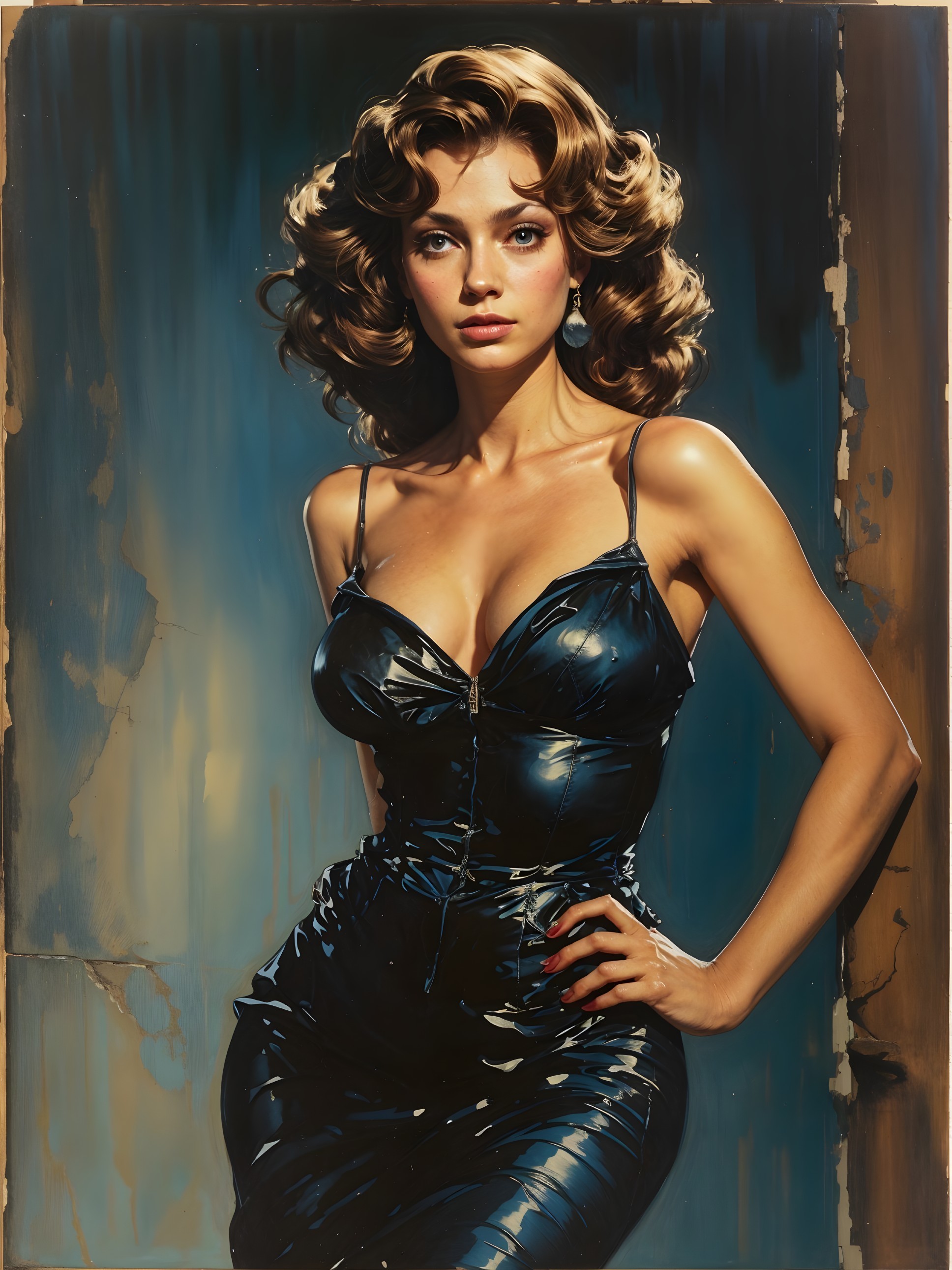 Confident Woman in Black Latex Dress Portrait