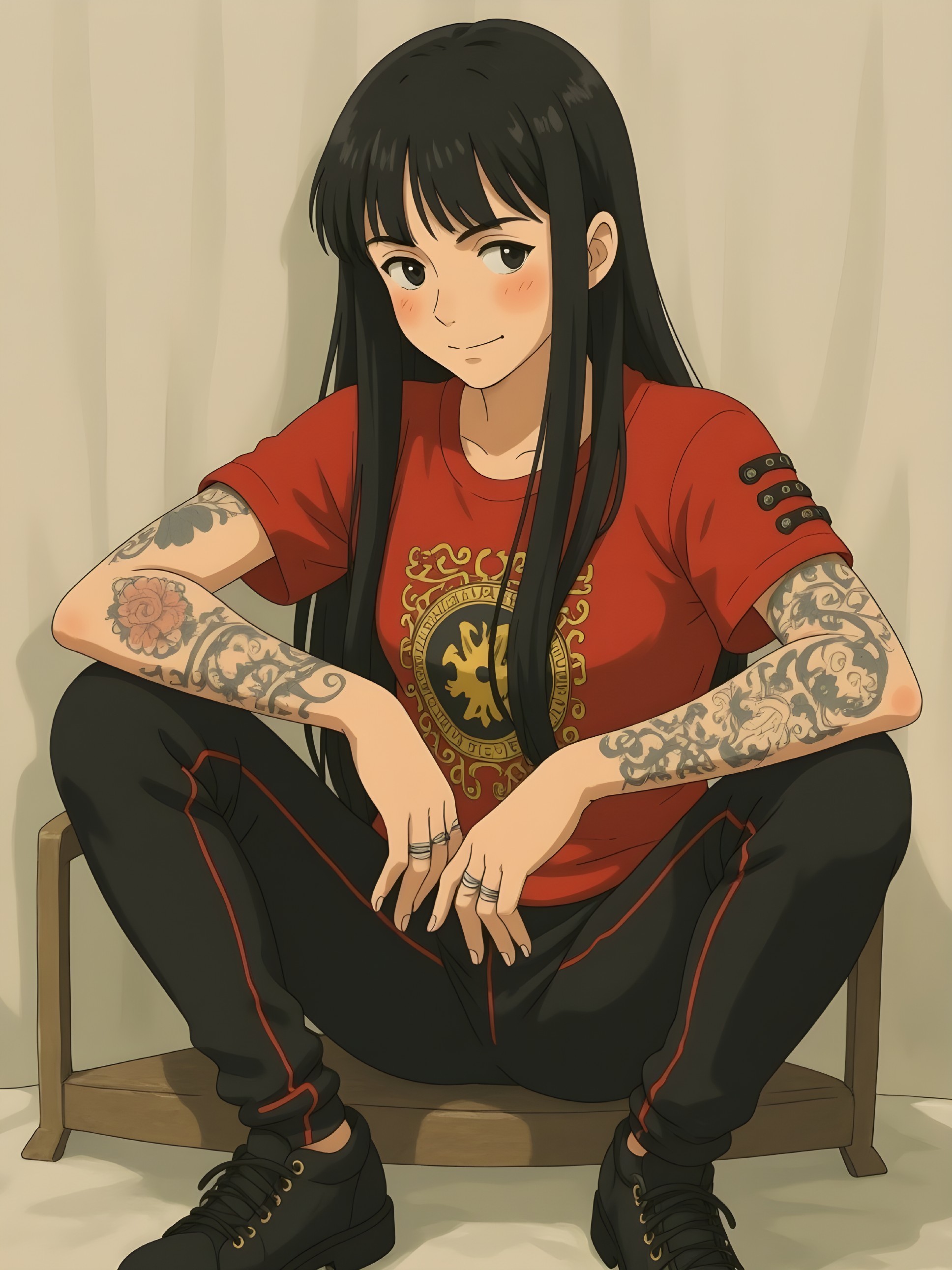 Young woman in red t-shirt with lion emblem and tattoos