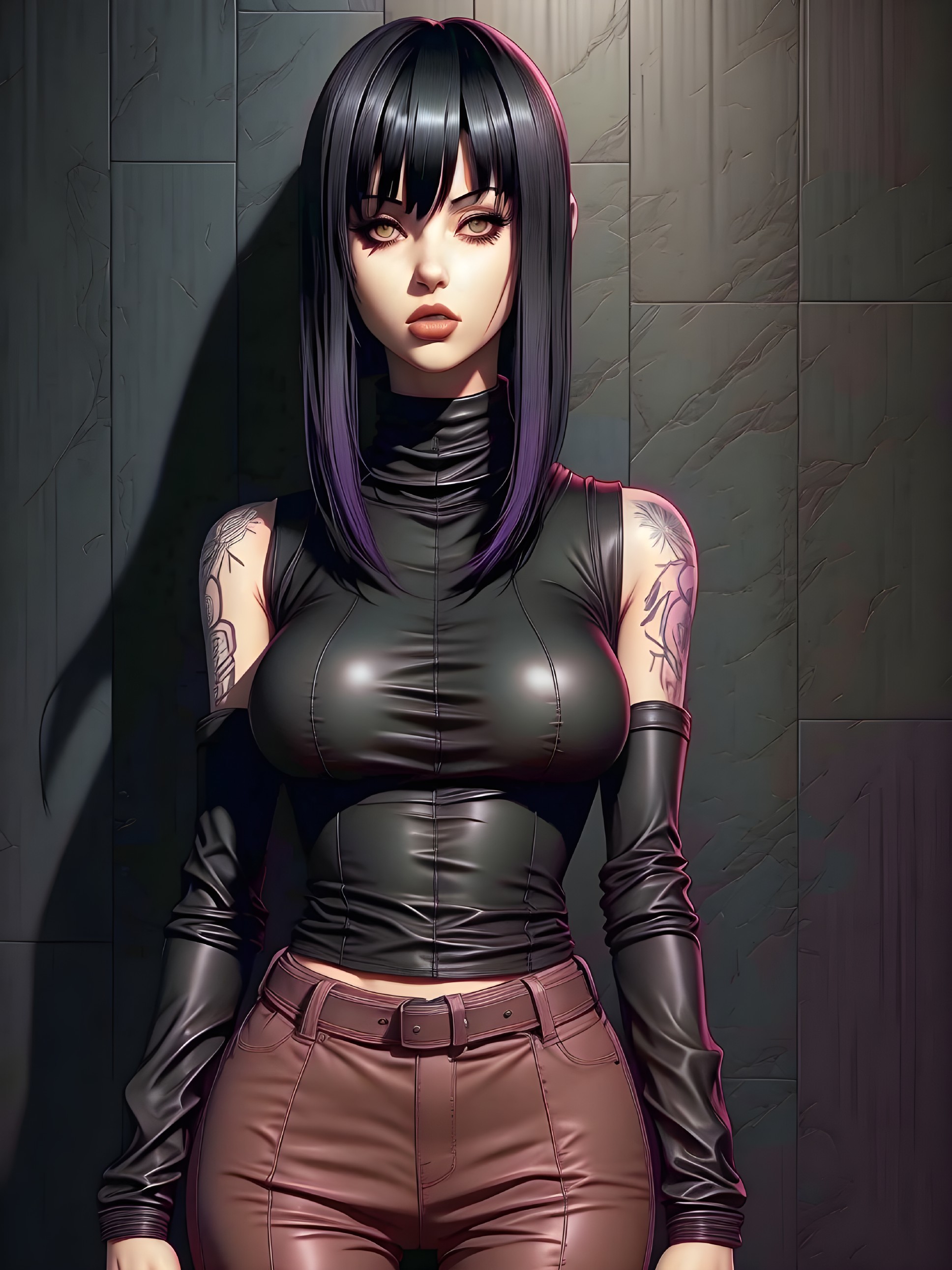 Confident Woman in Stylish Black Attire Against Wall