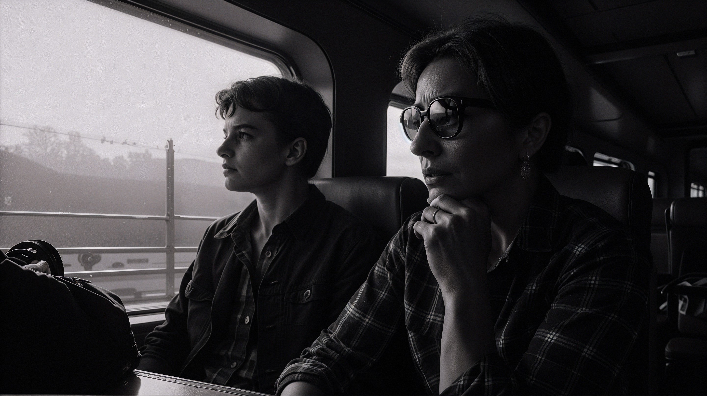 Contemplative Train Journey with Two Passengers