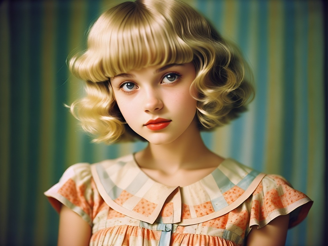 Young girl in vintage dress against pastel stripes