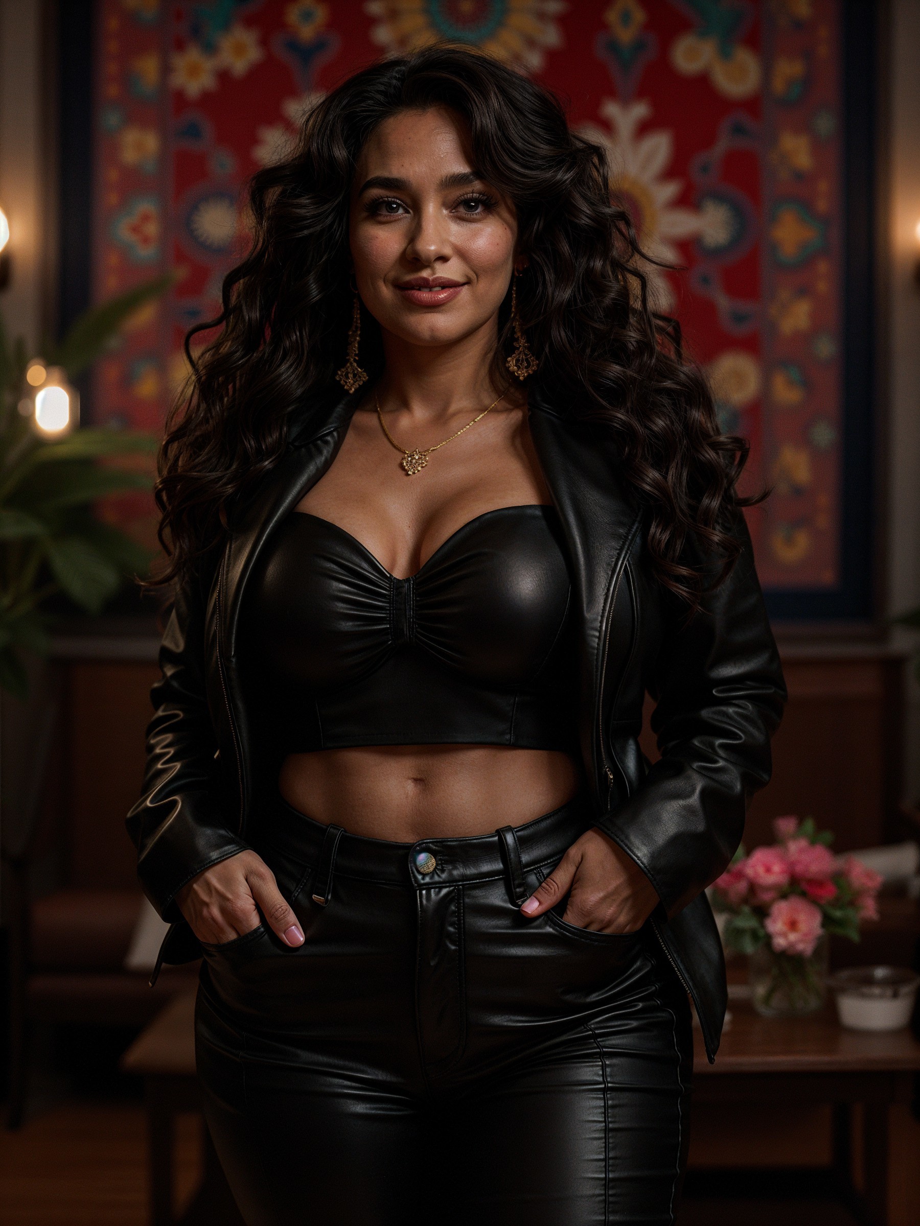 Confident Woman in Fitted Black Leather Outfit