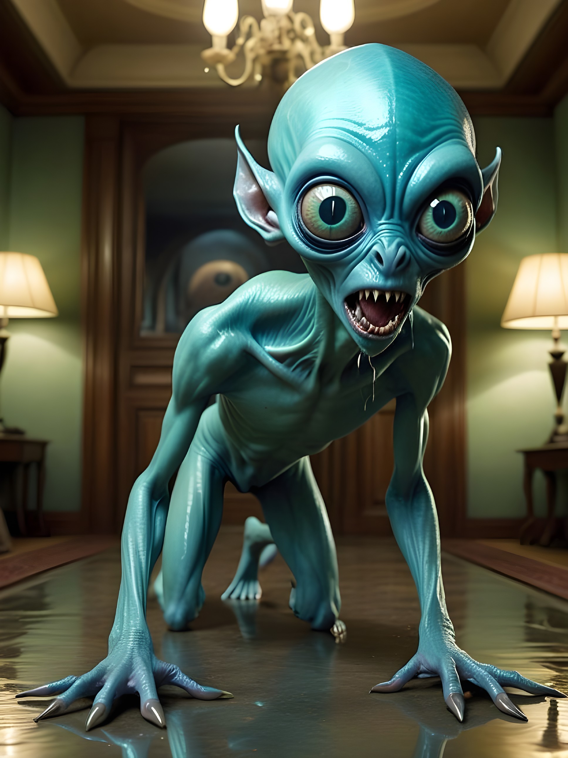 Cartoonish Alien Creature in Dimly Lit Interior
