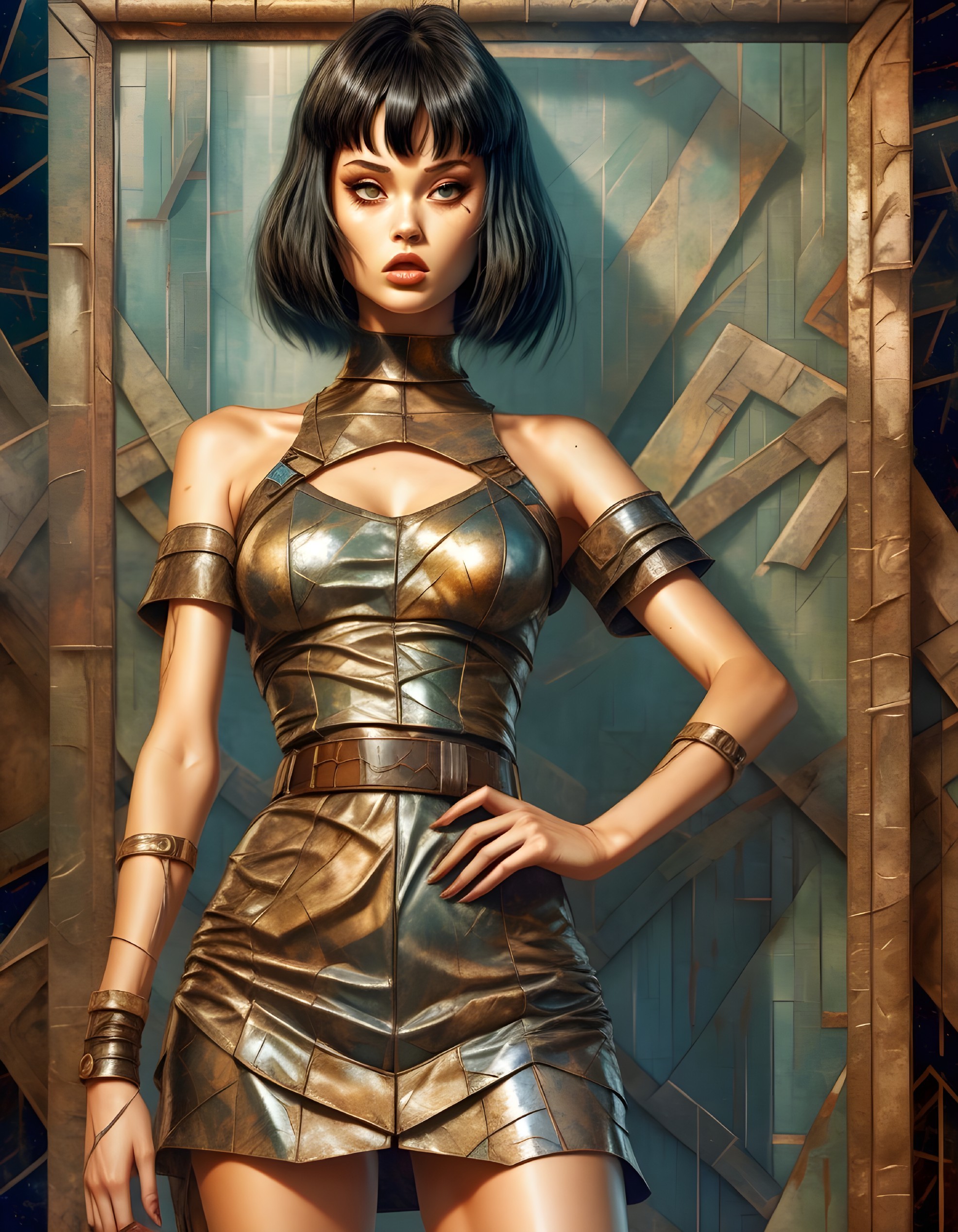 Futuristic Figure in Metallic Outfit with Geometric Background