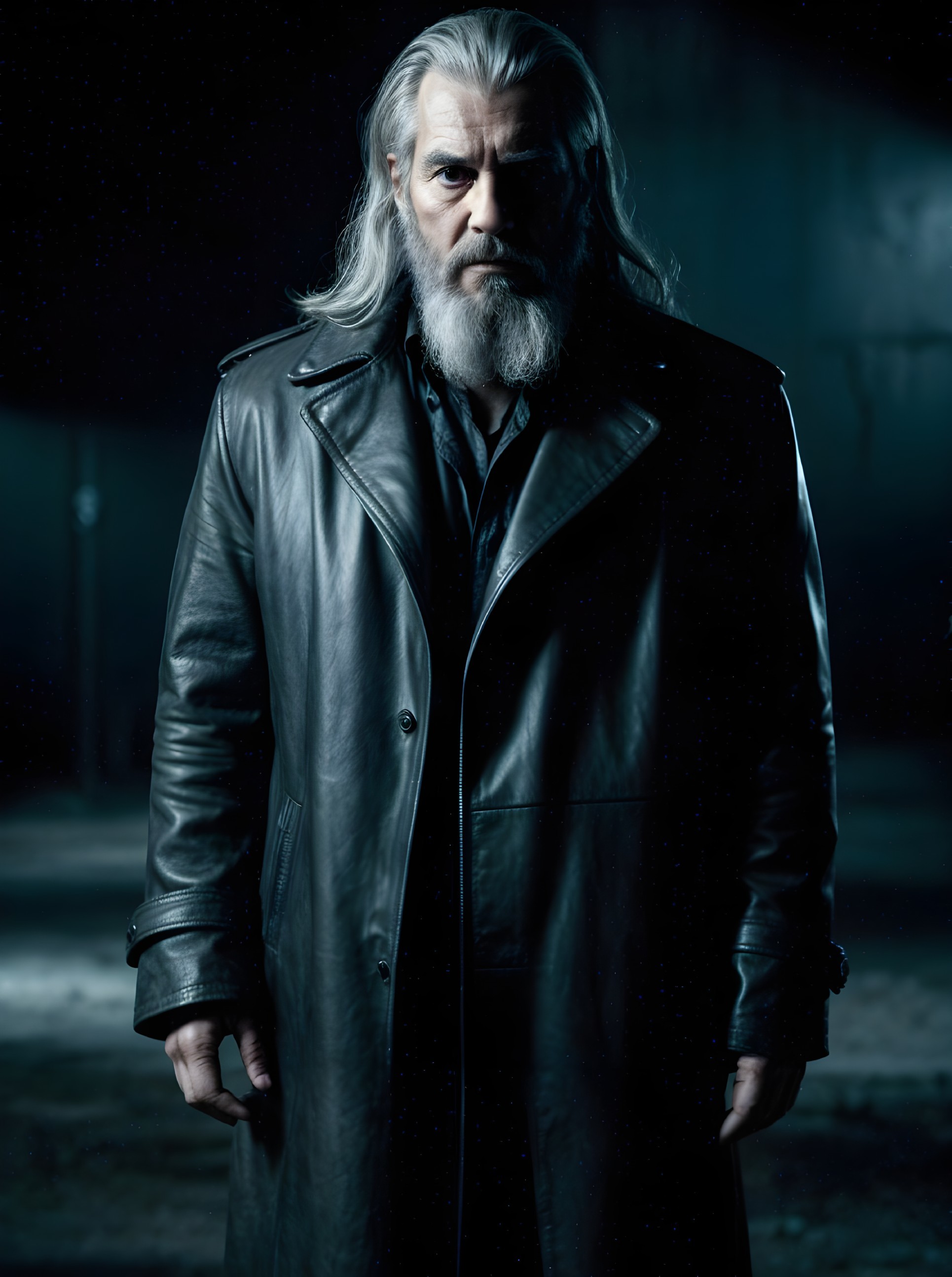 Mysterious Figure in Black Coat with Silver Hair