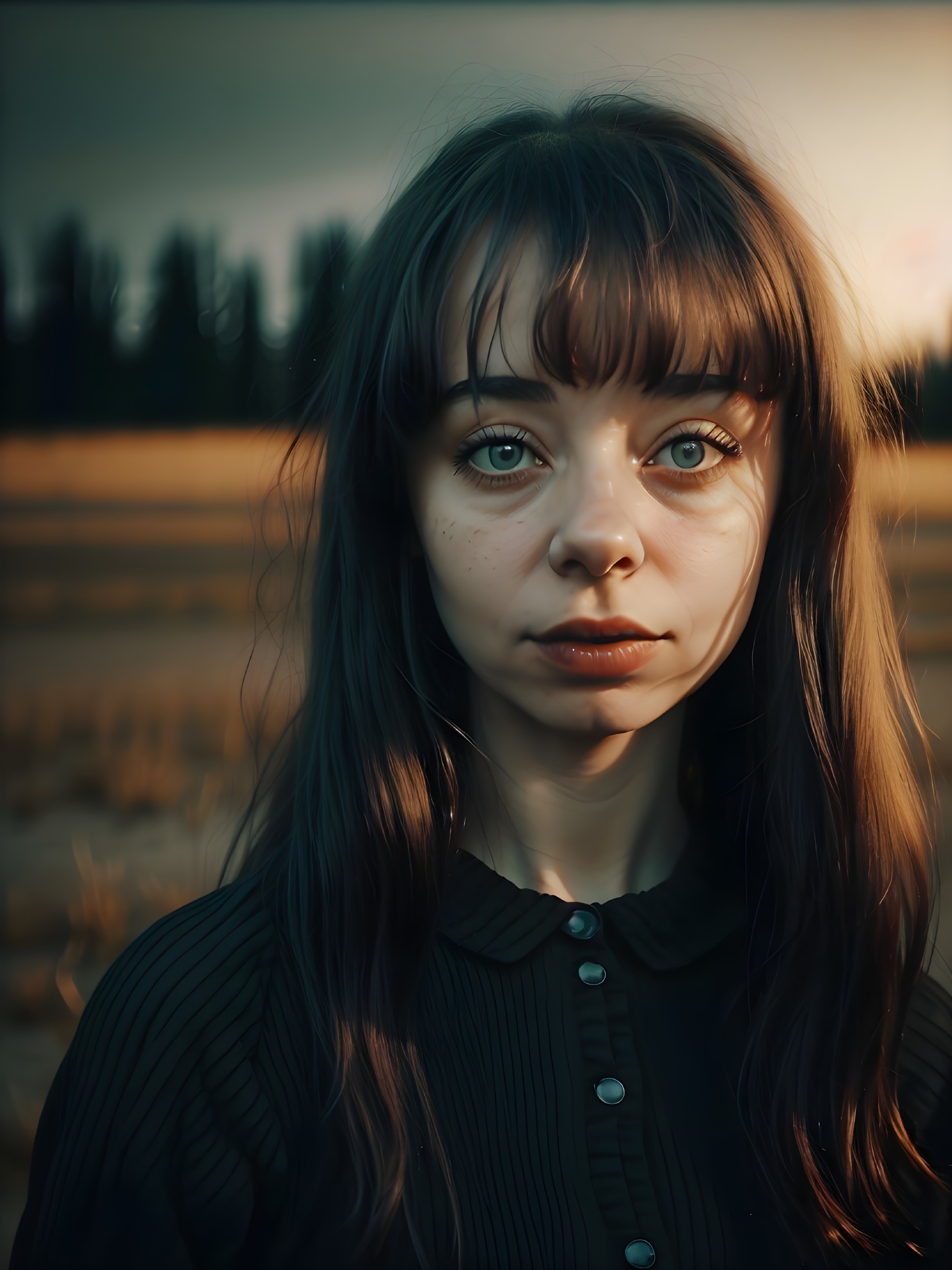 Young woman in field at golden hour with green eyes