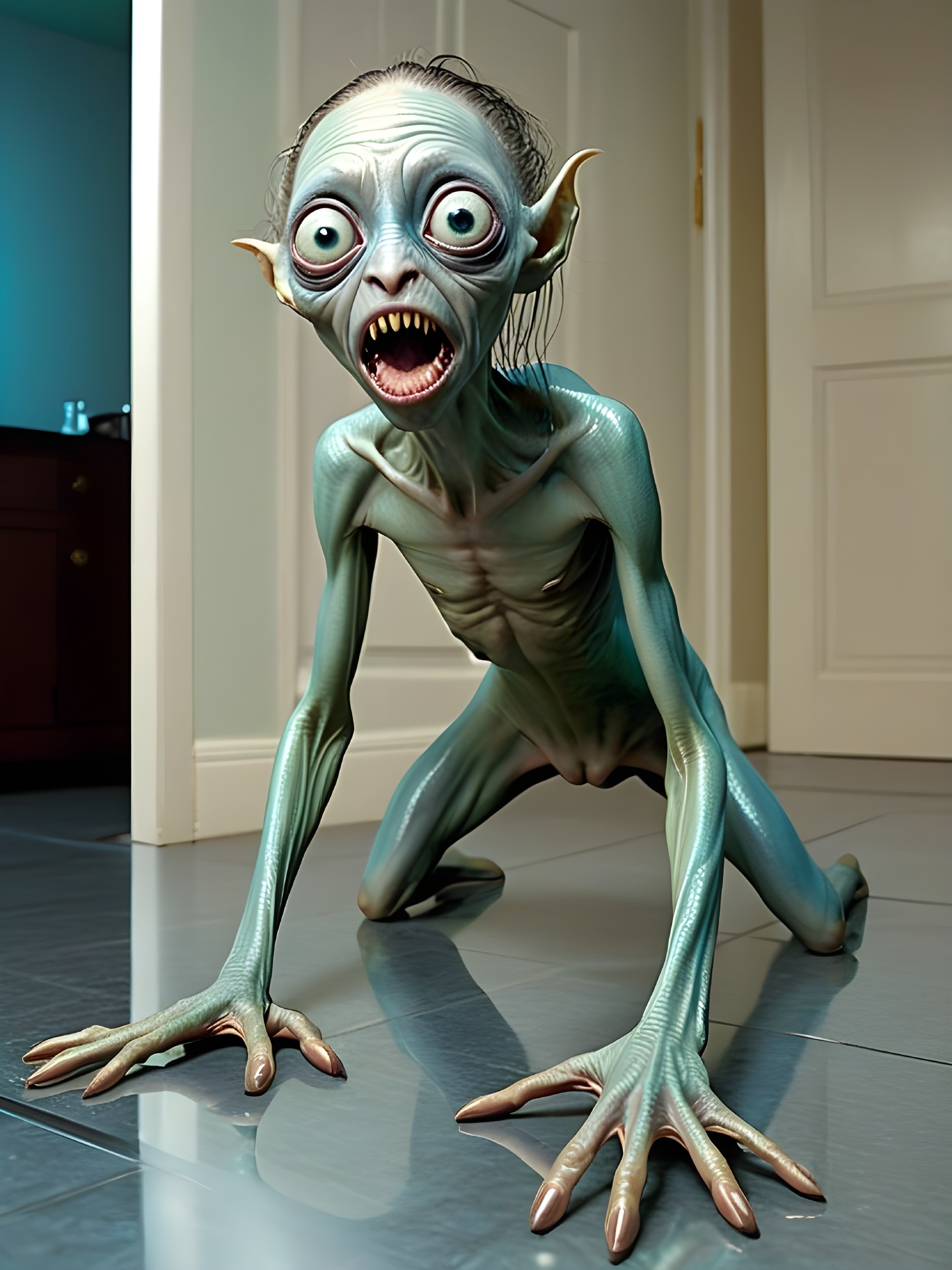 Tall, thin creature with large eyes and sharp teeth