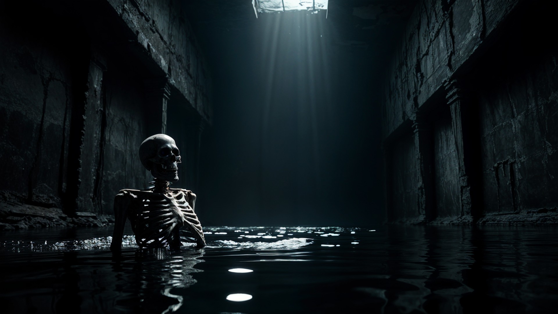 Skeletal Figure in Dark Water of Ancient Chamber