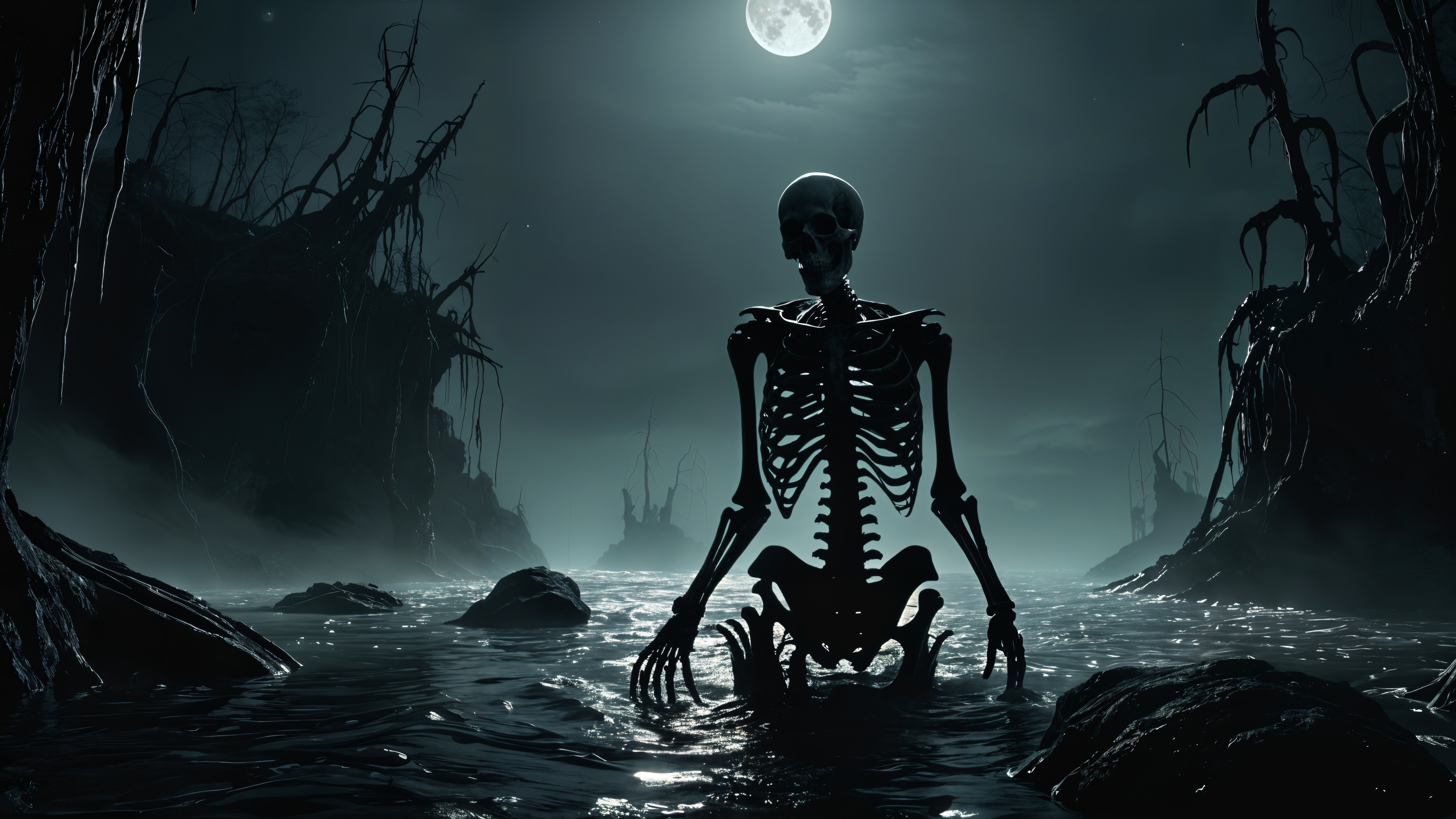 Skeletal Figure in Haunted Moonlit Landscape