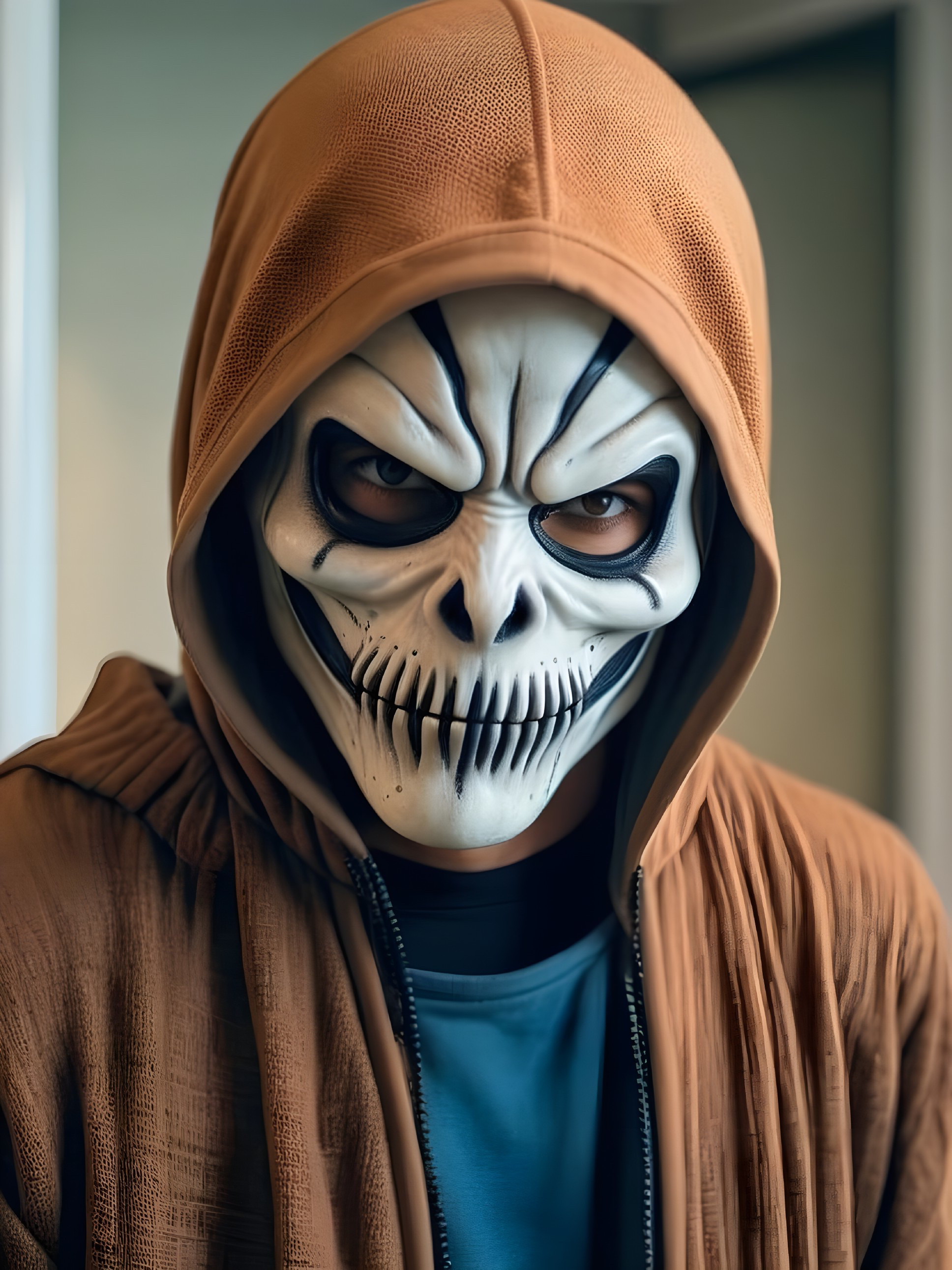 Mysterious figure in hoodie with striking skull mask