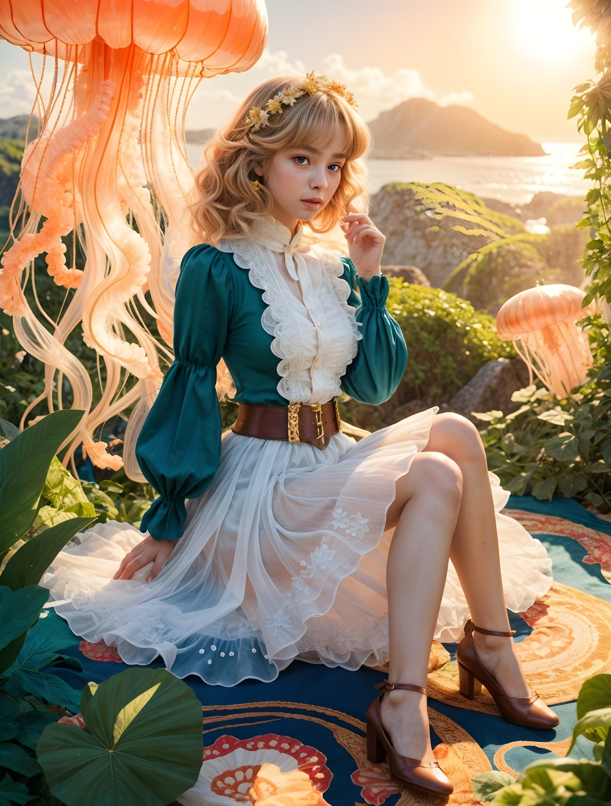 Young Woman in Vintage Outfit Surrounded by Nature