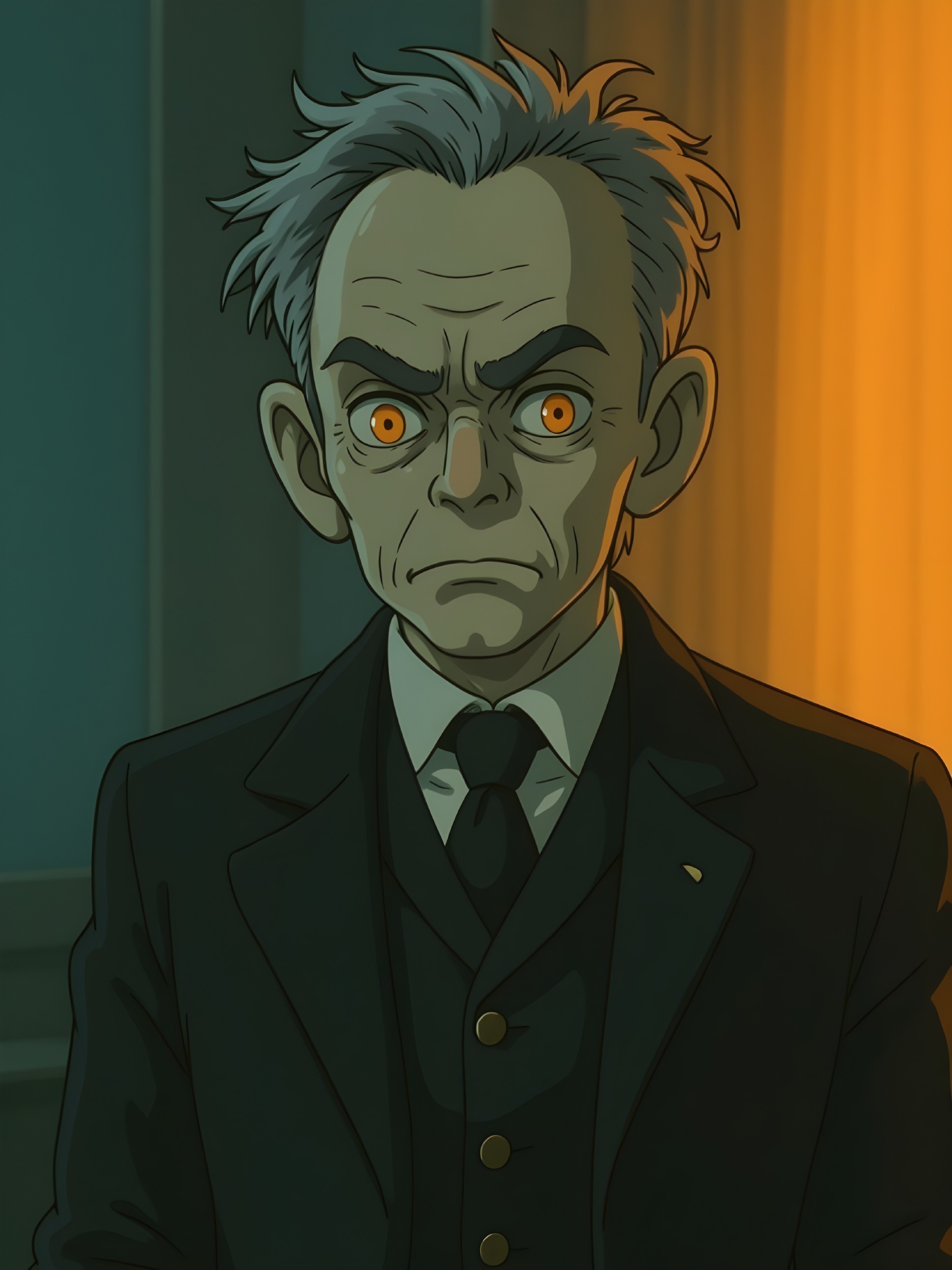 Elderly Man with Orange Eyes in Formal Suit