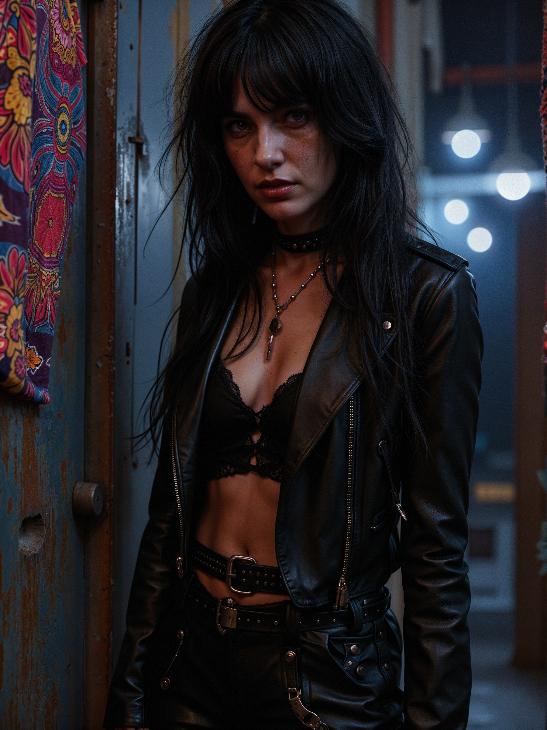 Woman in Stylish Dark Environment with Edgy Fashion