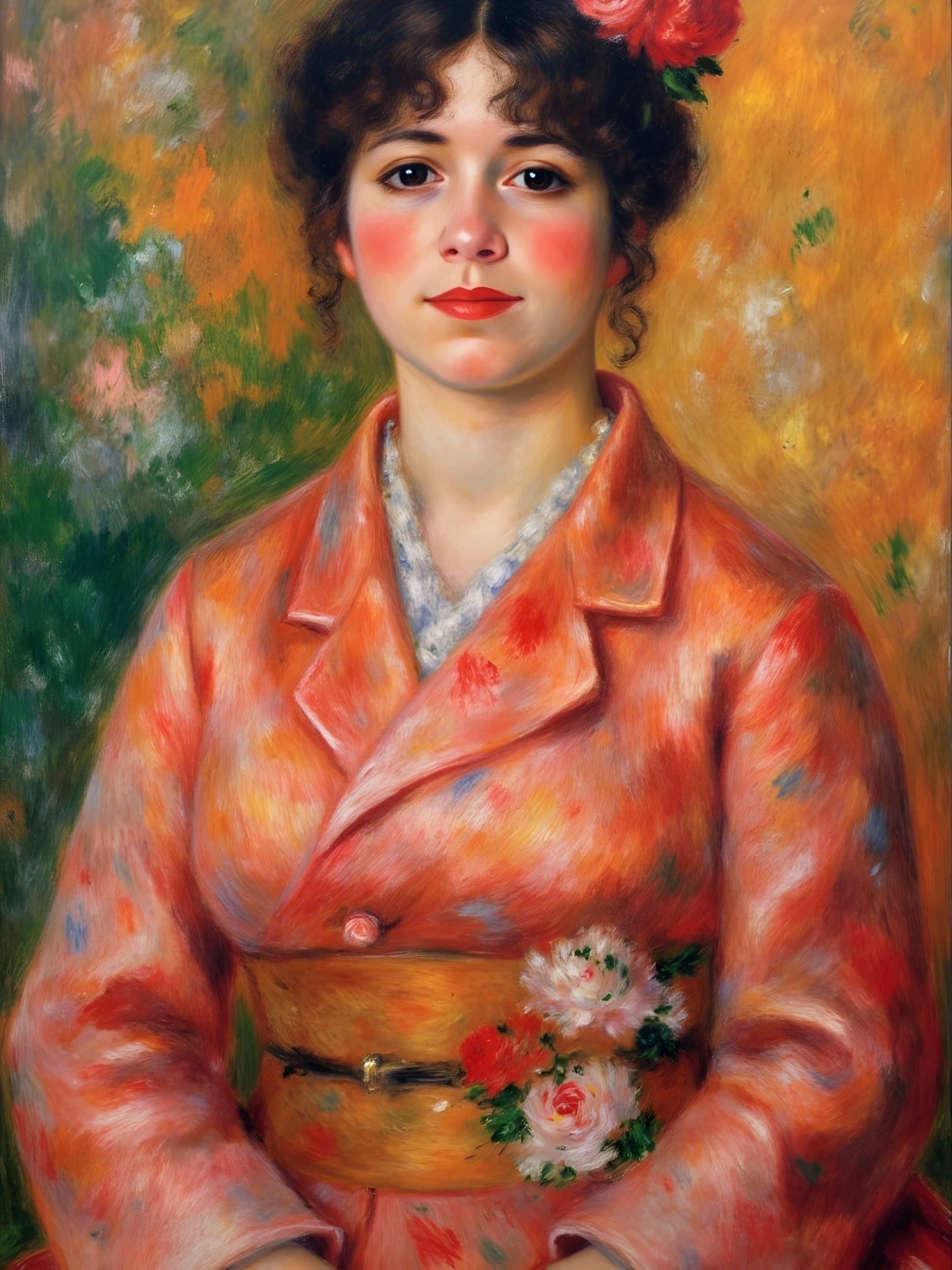 Young Woman in Orange Coat with Floral Background