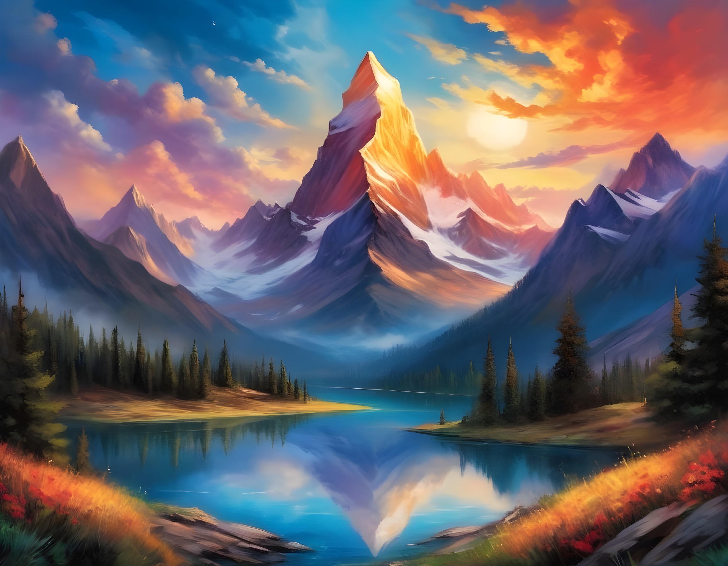 Sunset Mountain Landscape with Lake and Fir Trees