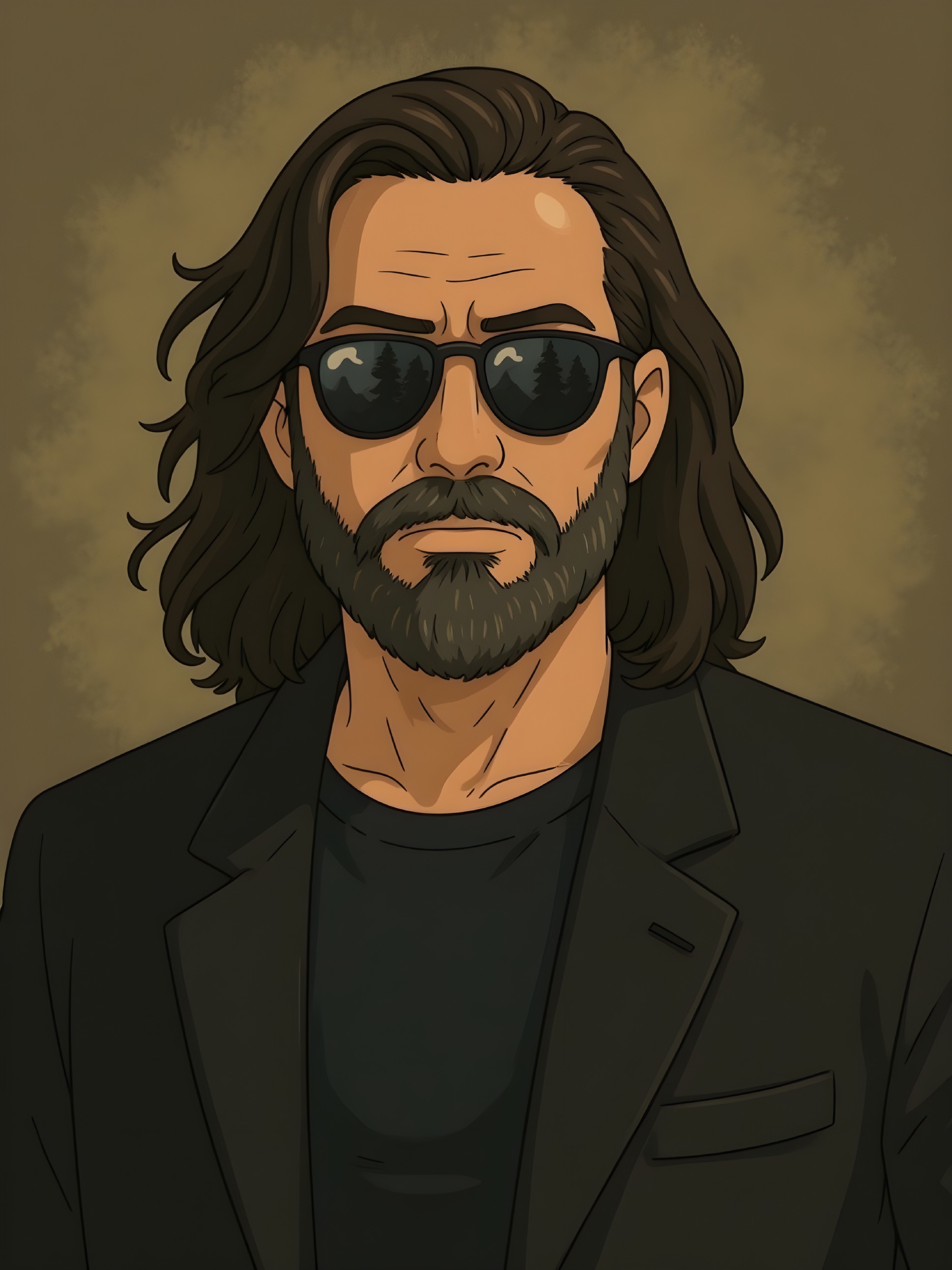Stylized Character with Dark Hair and Serious Expression