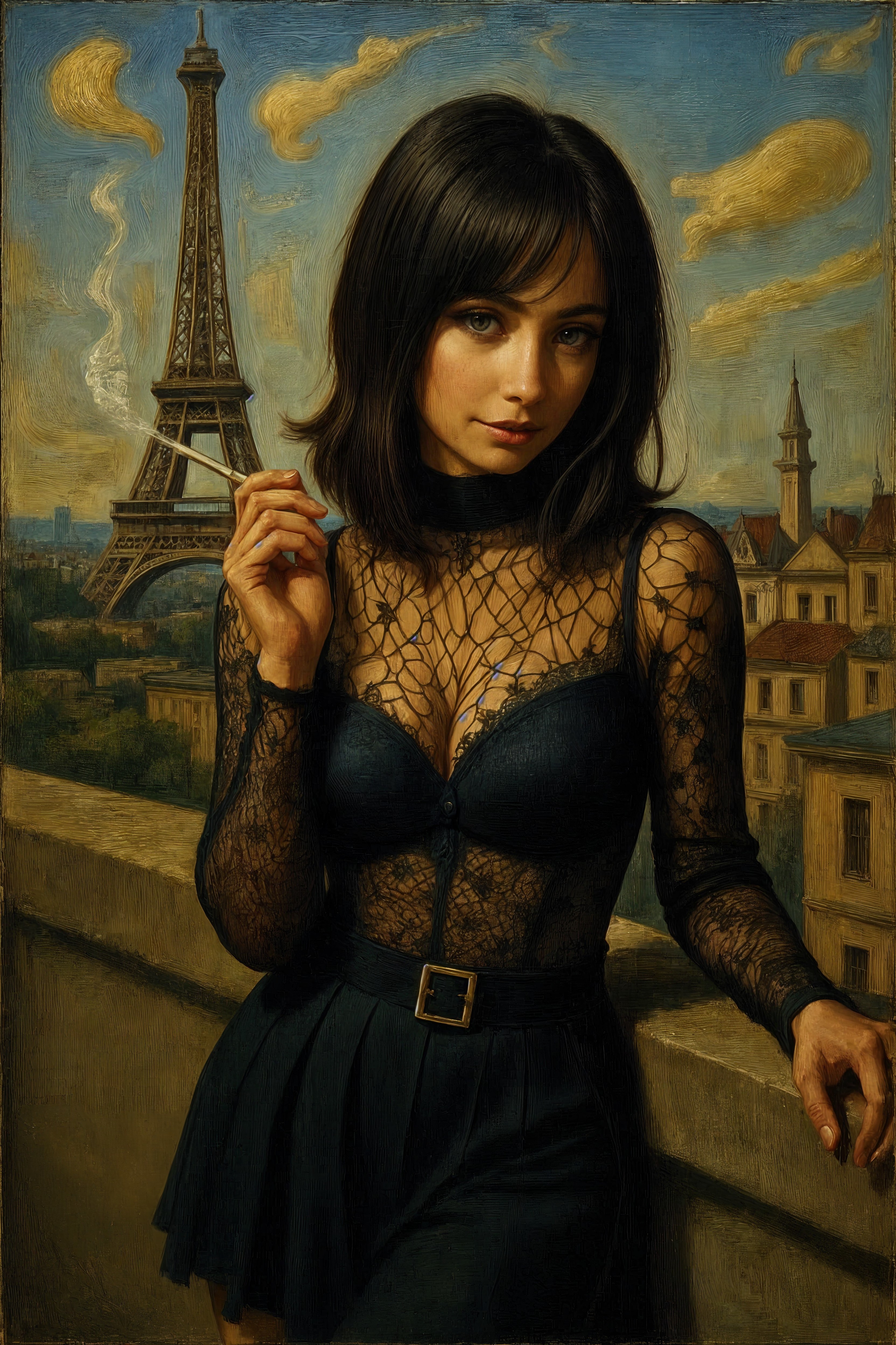 Woman in Sheer Black Lace on Parisian Balcony