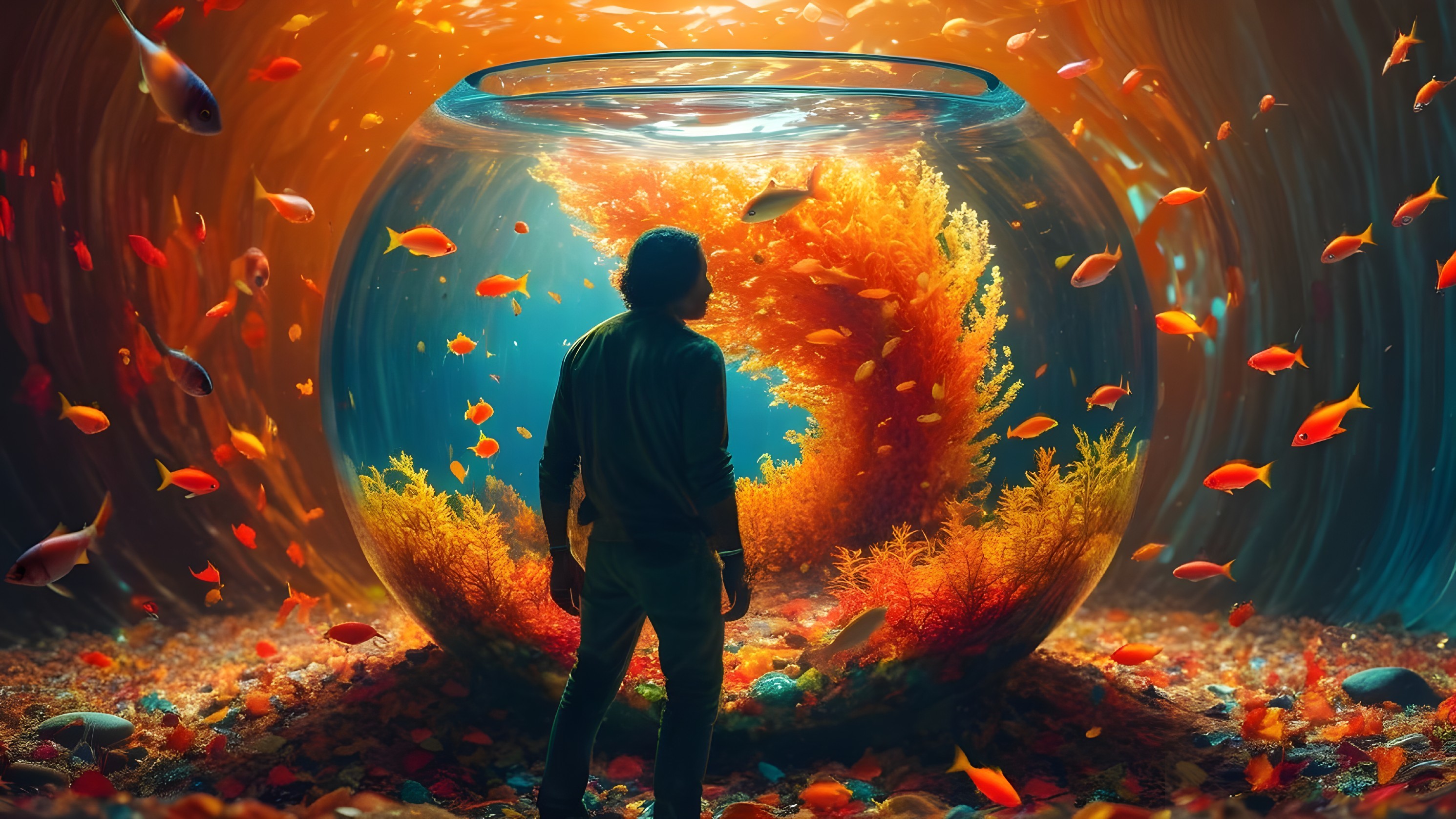 Vibrant Fishbowl Scene with Colorful Fish and Plants