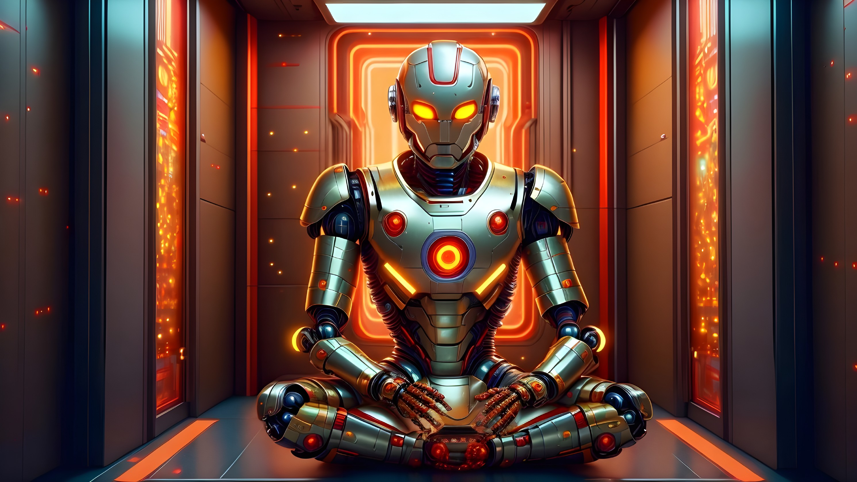 Futuristic Robot in Meditative Pose with High-Tech Backdrop