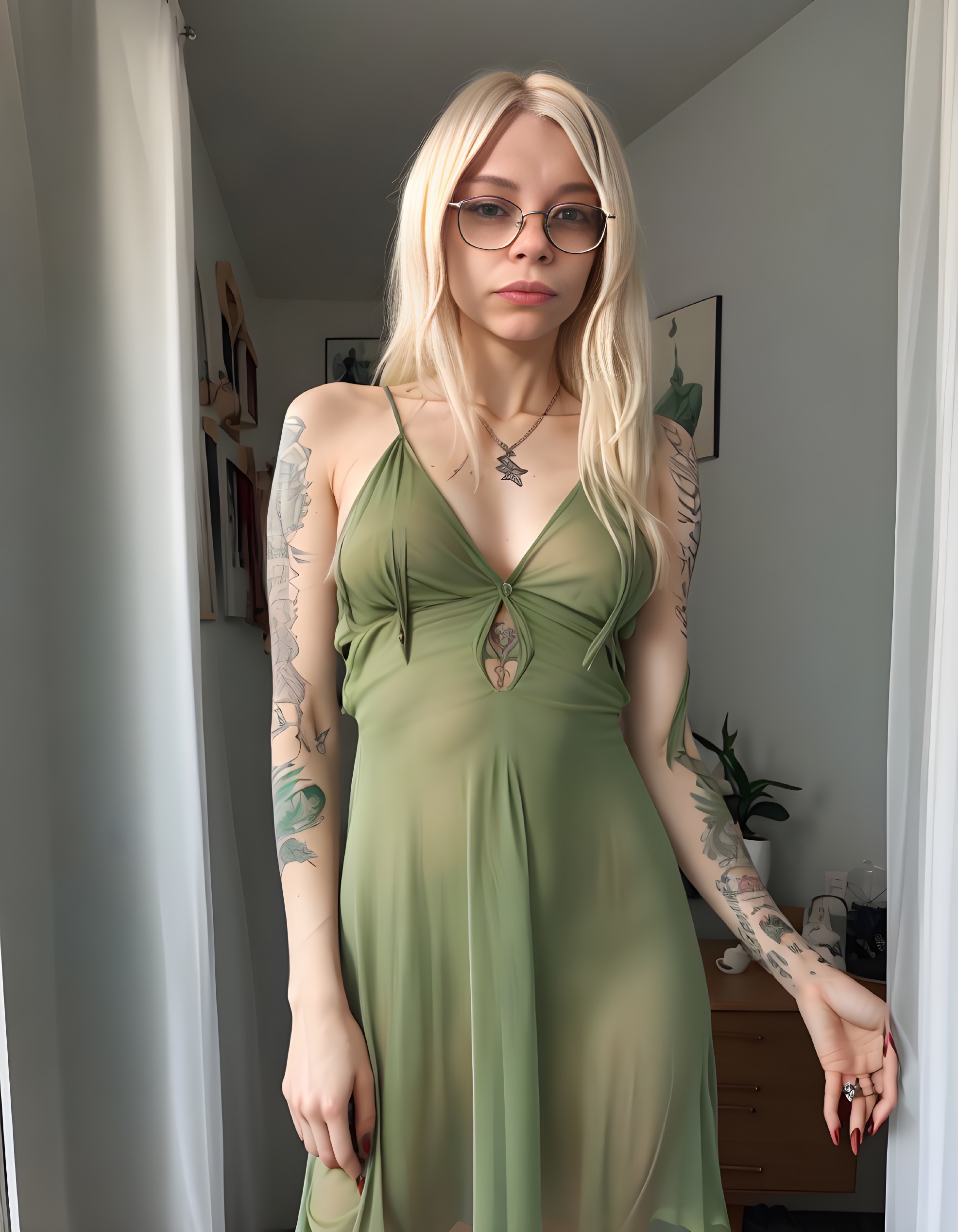 Person in Olive-Green Dress in Softly Lit Room