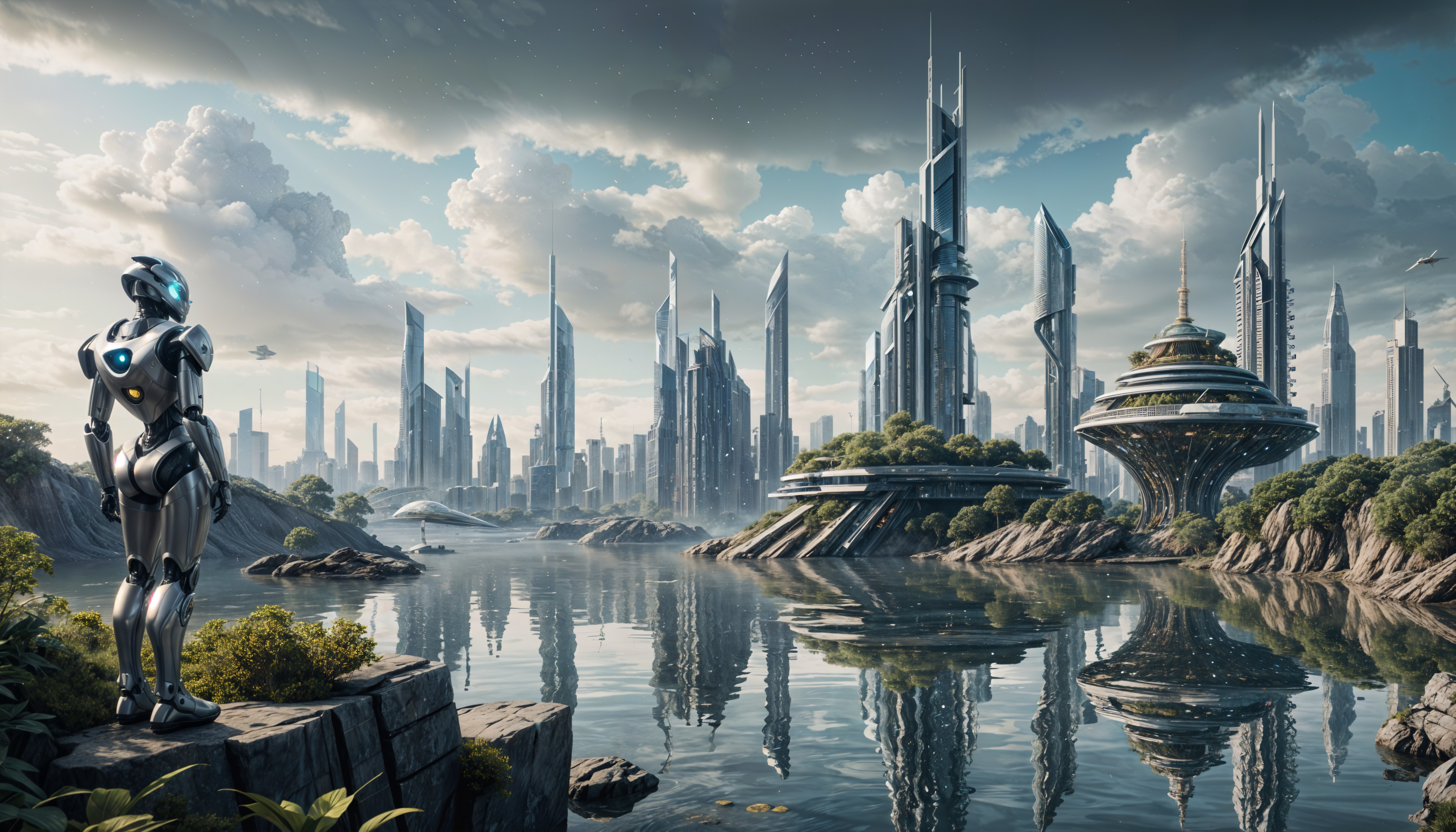 Futuristic landscape with skyscrapers and humanoid robot
