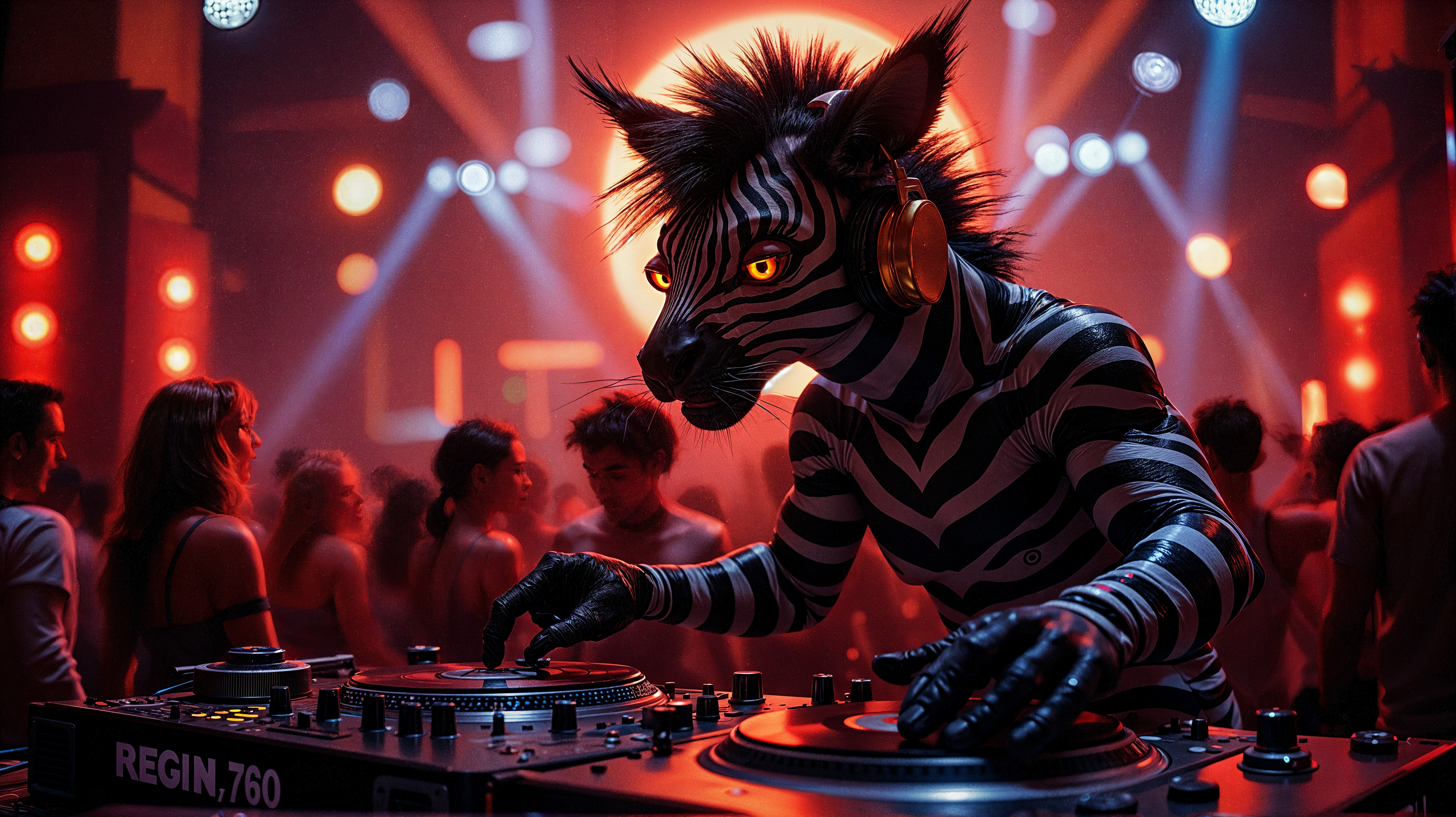 Vibrant Nightclub Scene with Zebra-Headed DJ