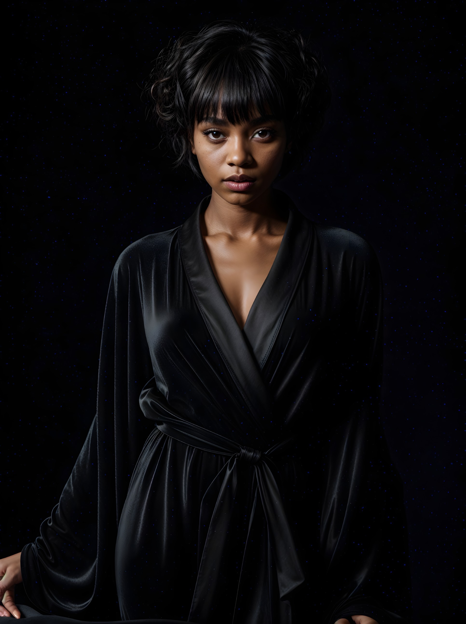 Elegant Woman in Black Robe Against Dark Background