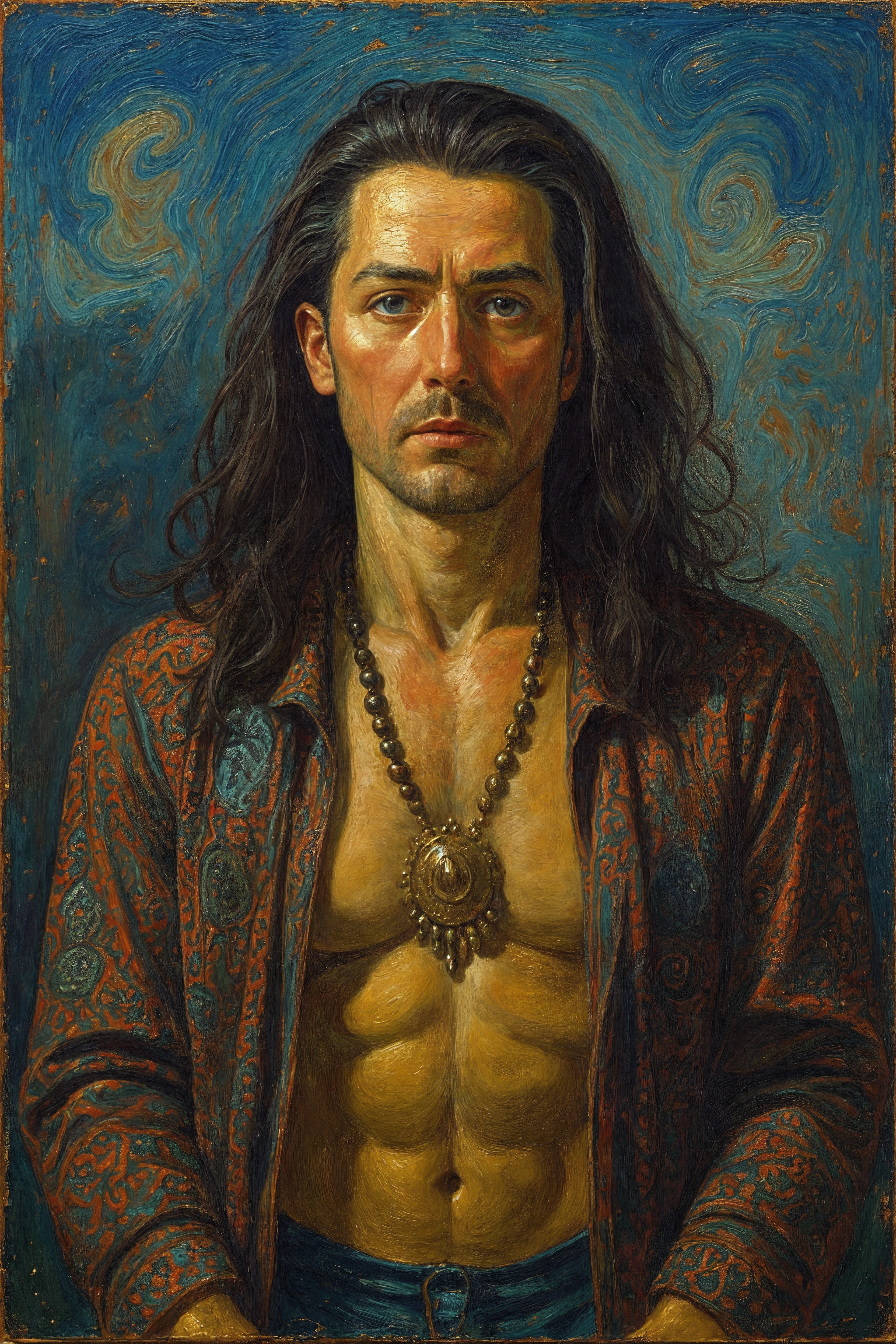 Muscular Man with Long Hair in Vibrant Background